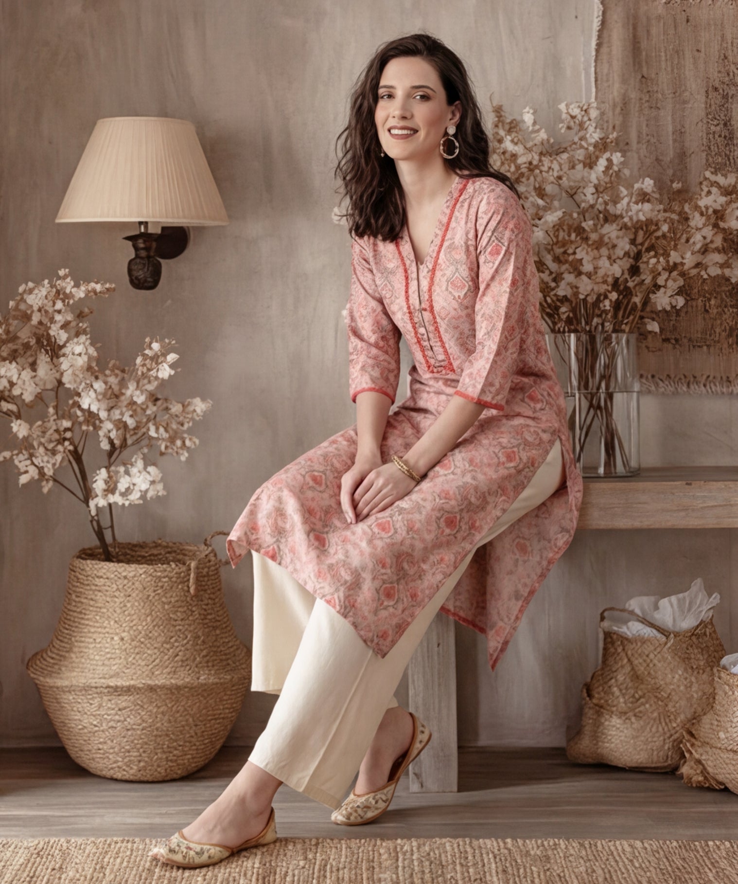 Ethnic Printed Peach Straight Kurta With Lace