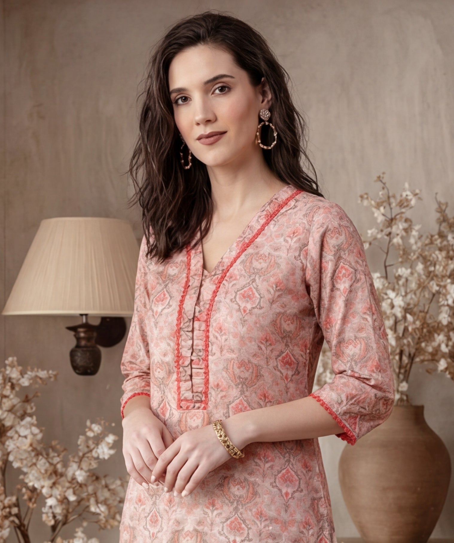 Ethnic Printed Peach Straight Kurta With Lace