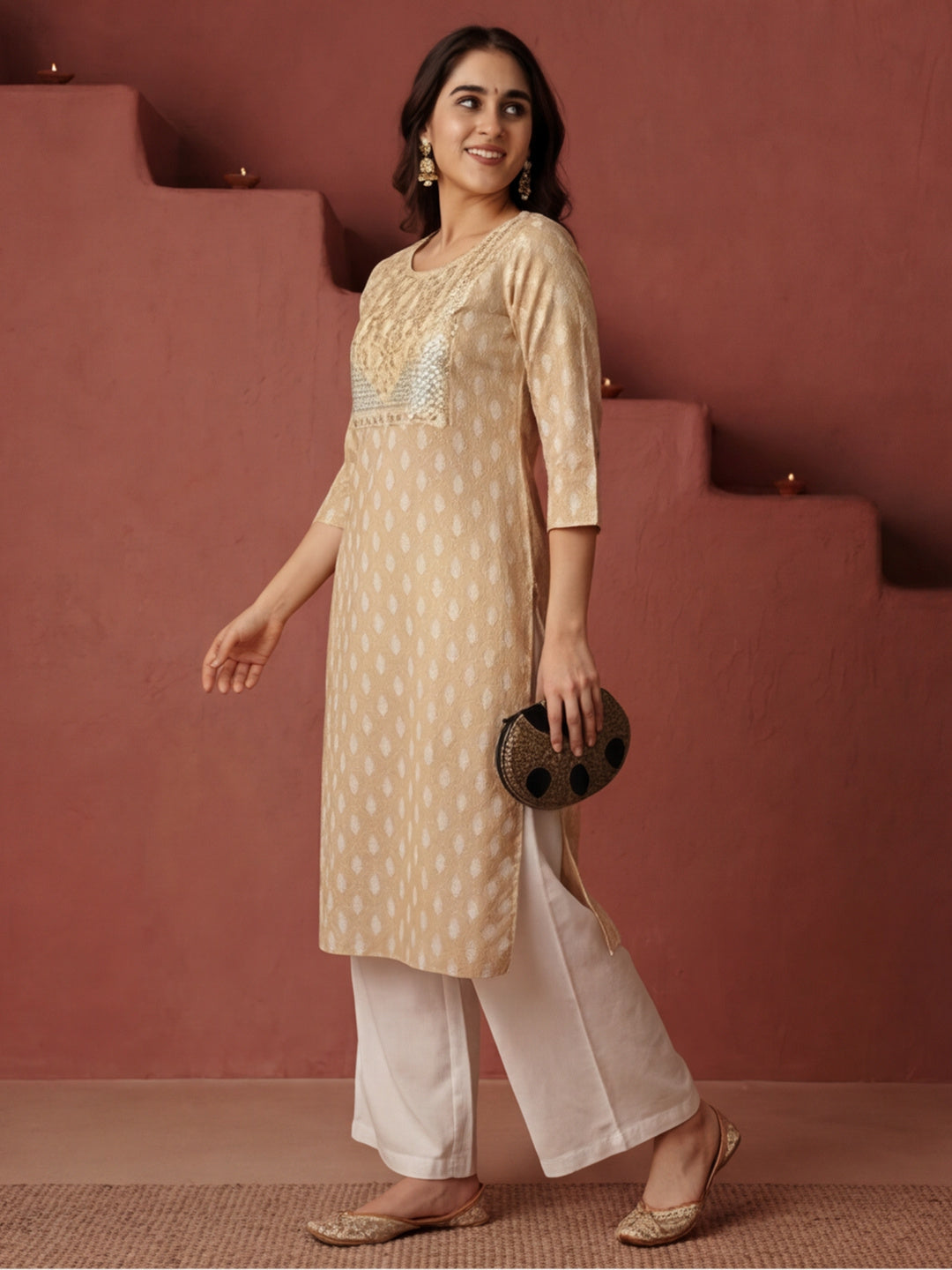Beige Ethnic Motif Printed Embroidered Straight Kurta