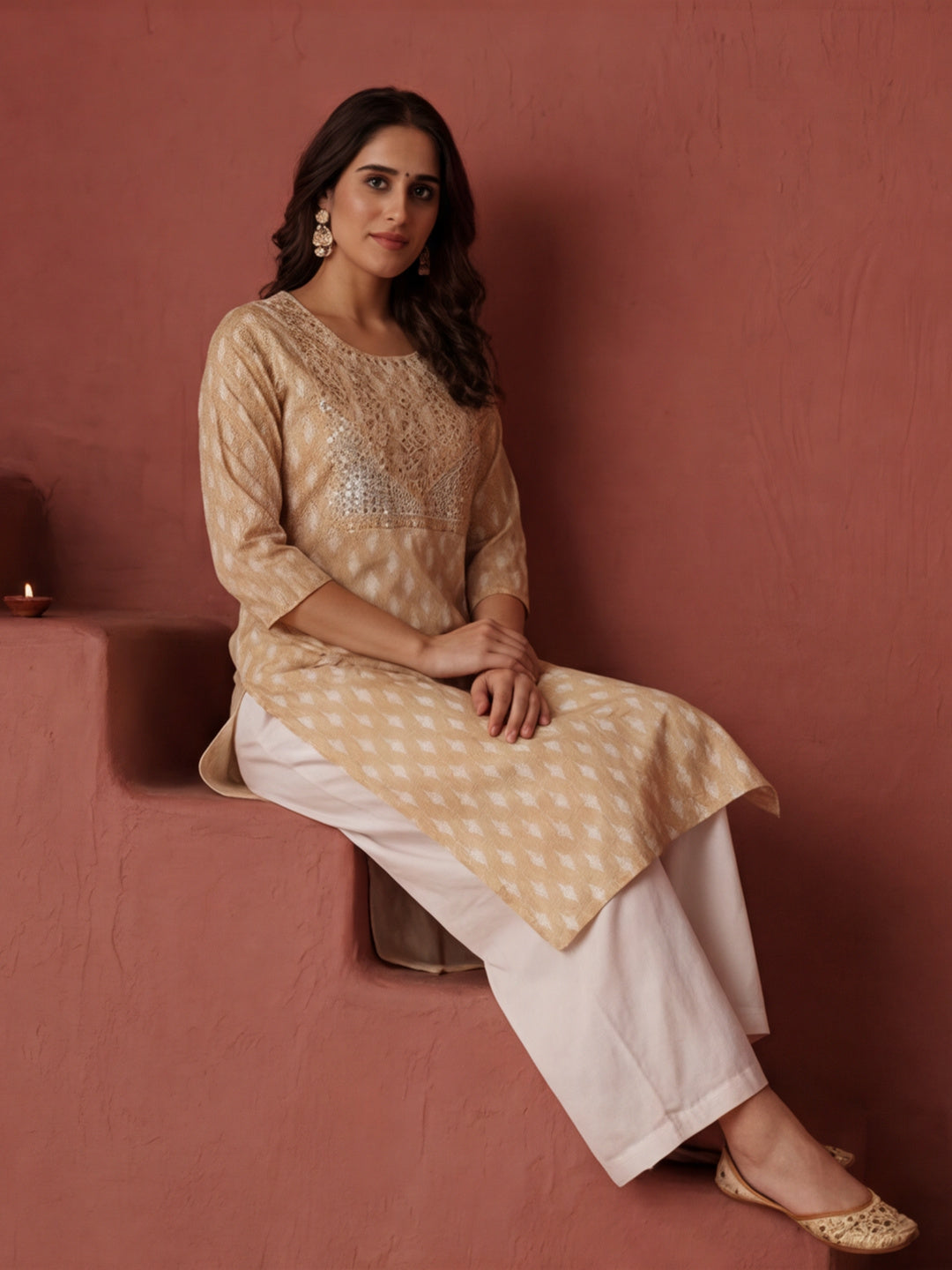 Beige Ethnic Motif Printed Embroidered Straight Kurta