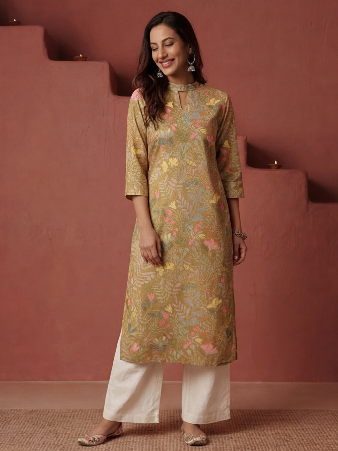 Floral Printed Mustard Straight Kurta