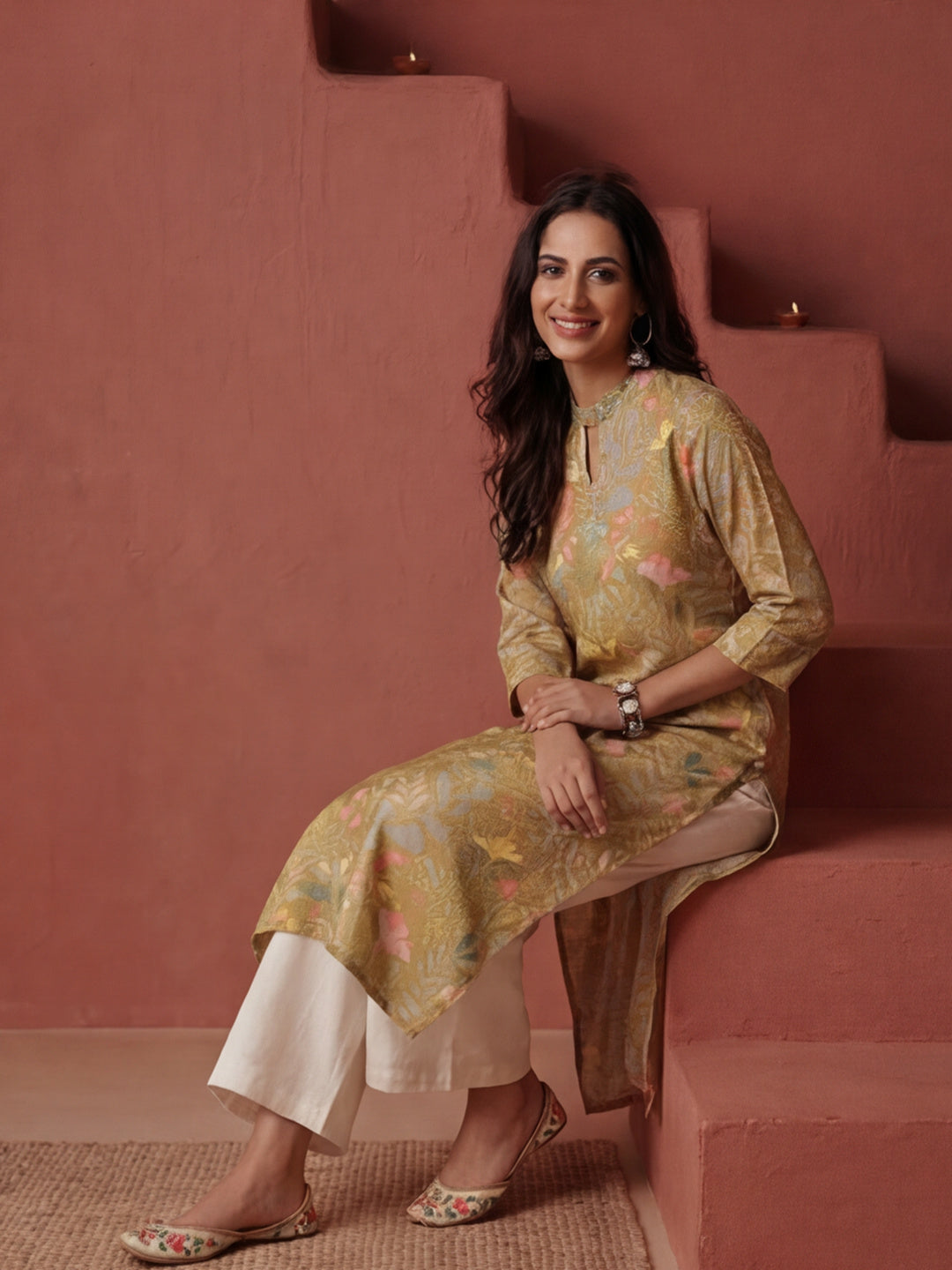 Floral Printed Mustard Straight Kurta