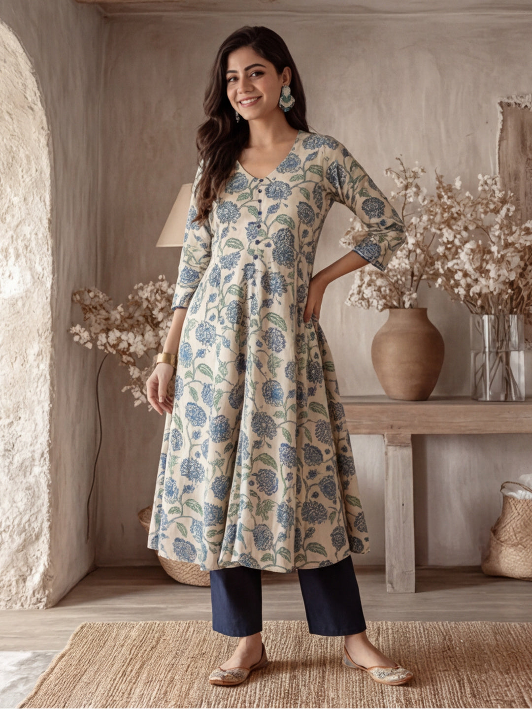 Blue Floral Print Cotton Anarkali Kurta