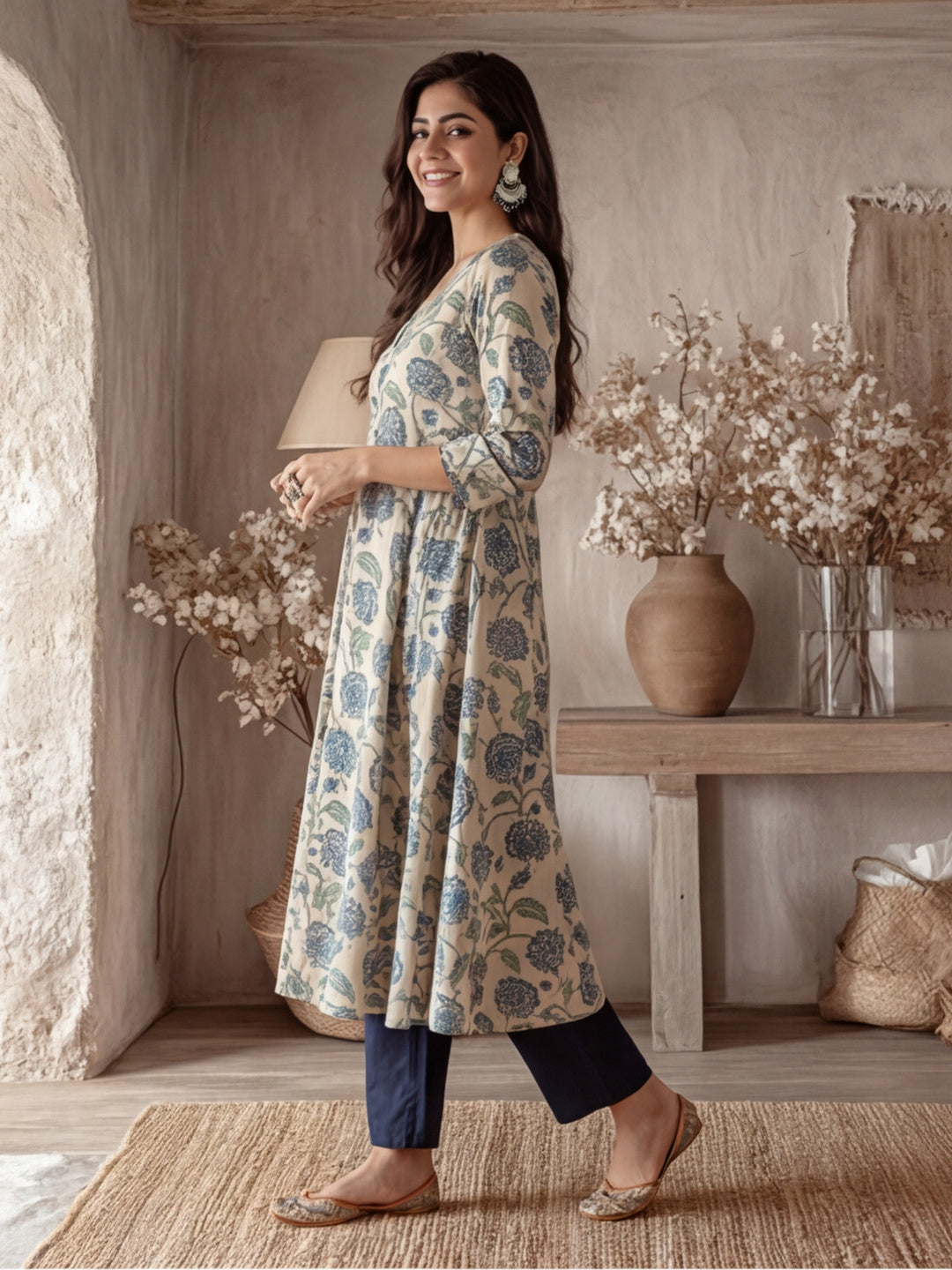 Blue Floral Print Cotton Anarkali Kurta