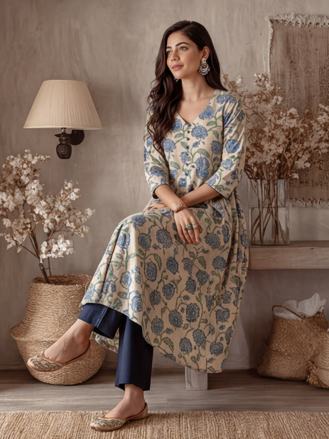 Blue Floral Print Cotton Anarkali Kurta