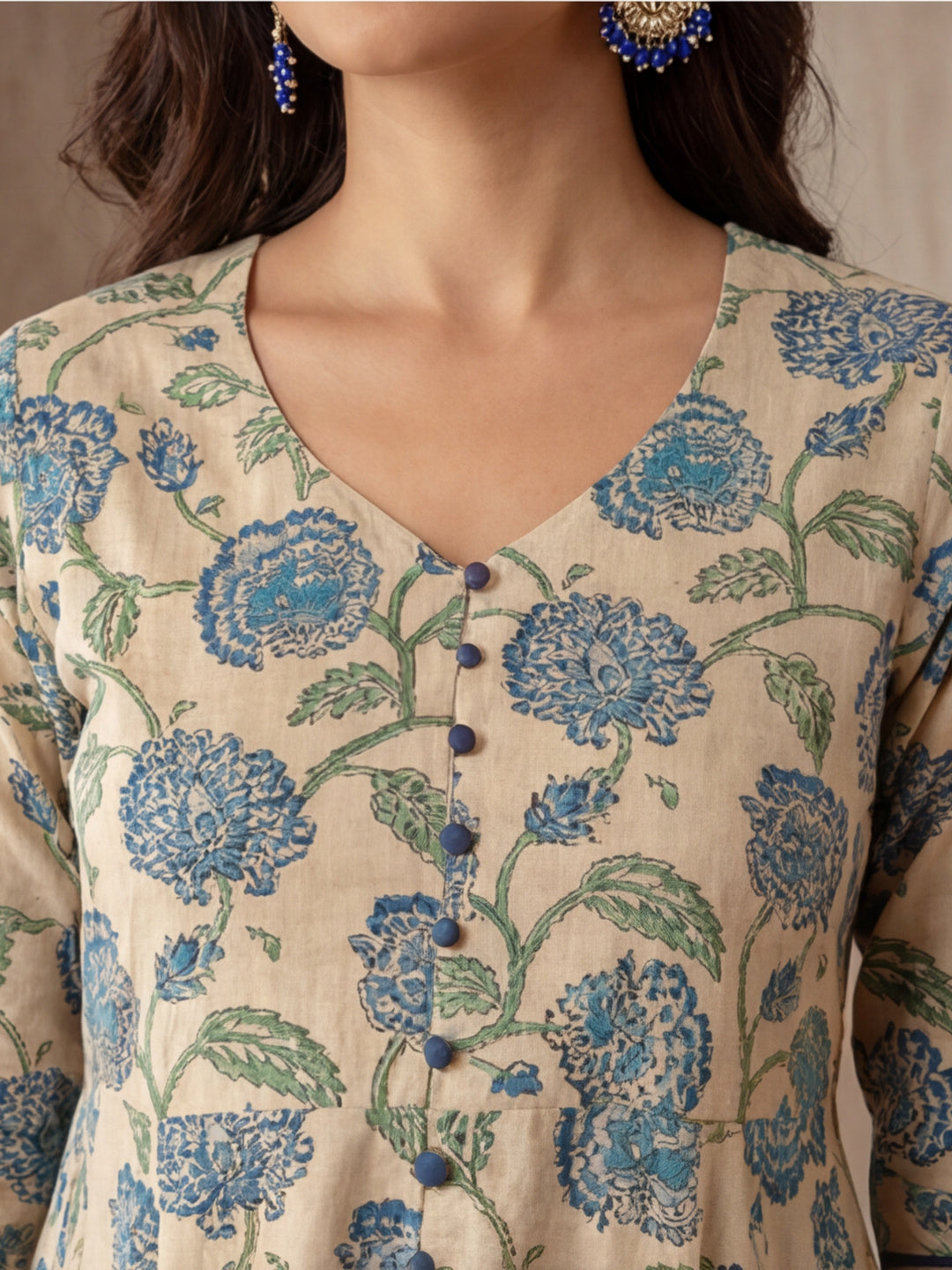 Blue Floral Print Cotton Anarkali Kurta