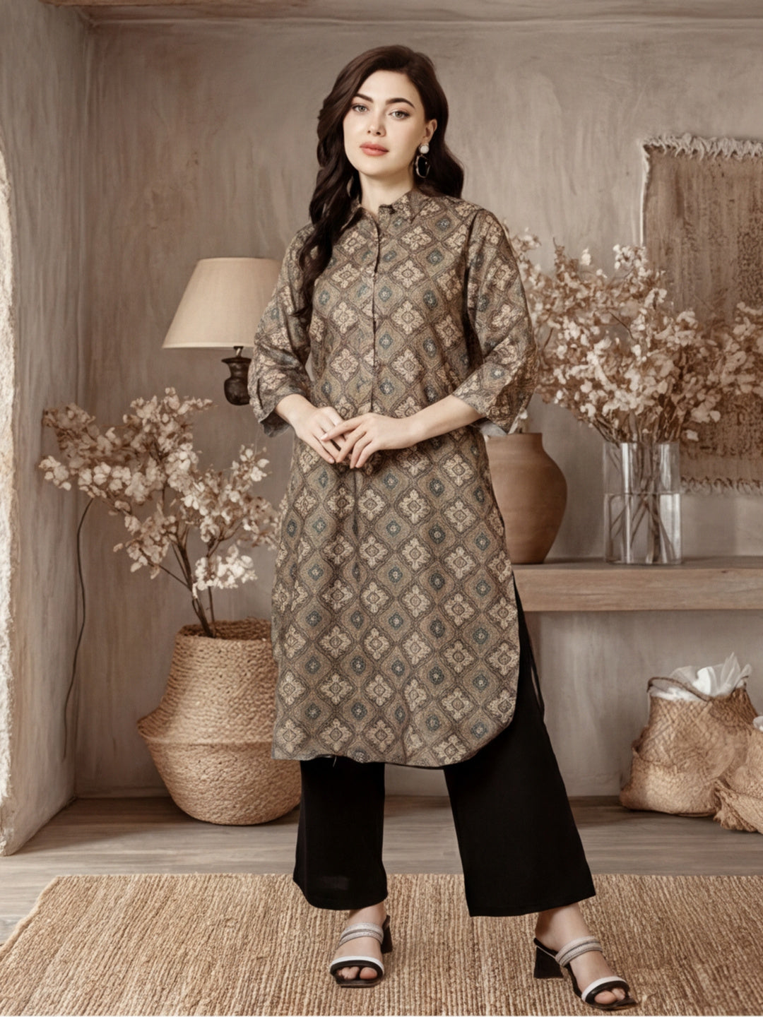 Olive Green Ethnic Motif Straight Kurta