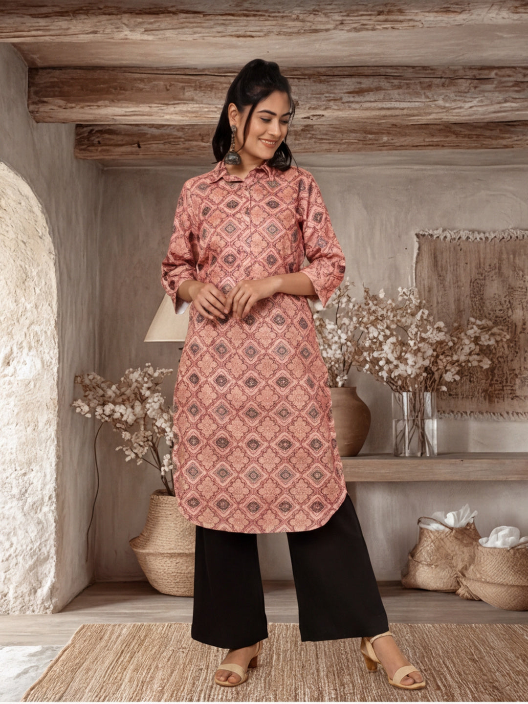 Peach Ethnic Motif Straight Kurta