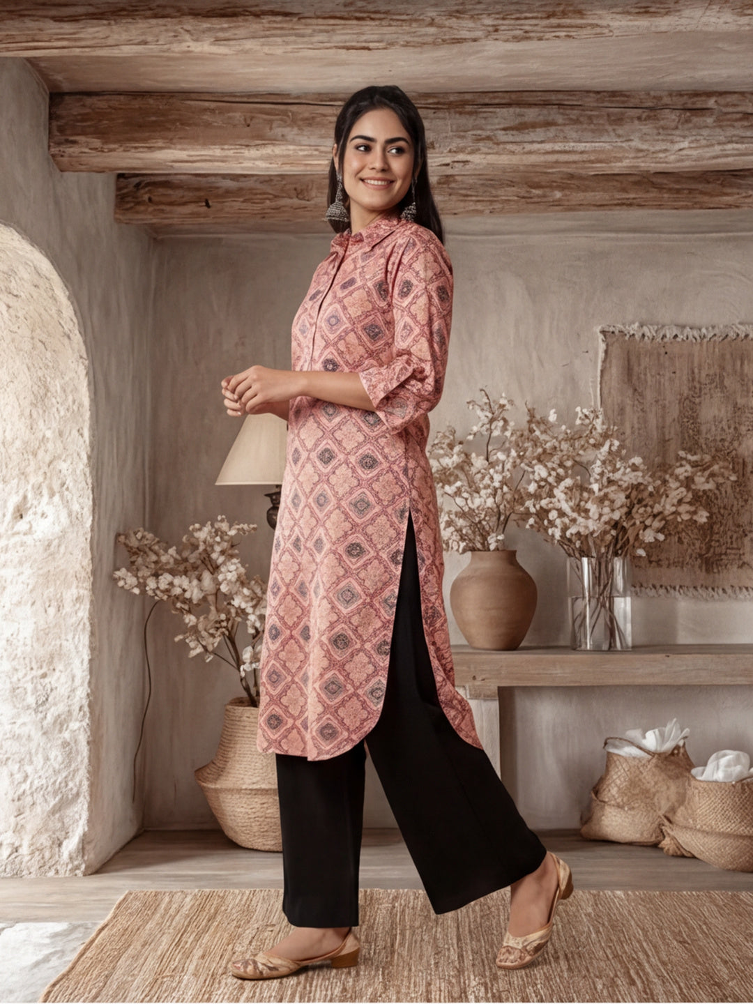 Peach Ethnic Motif Straight Kurta