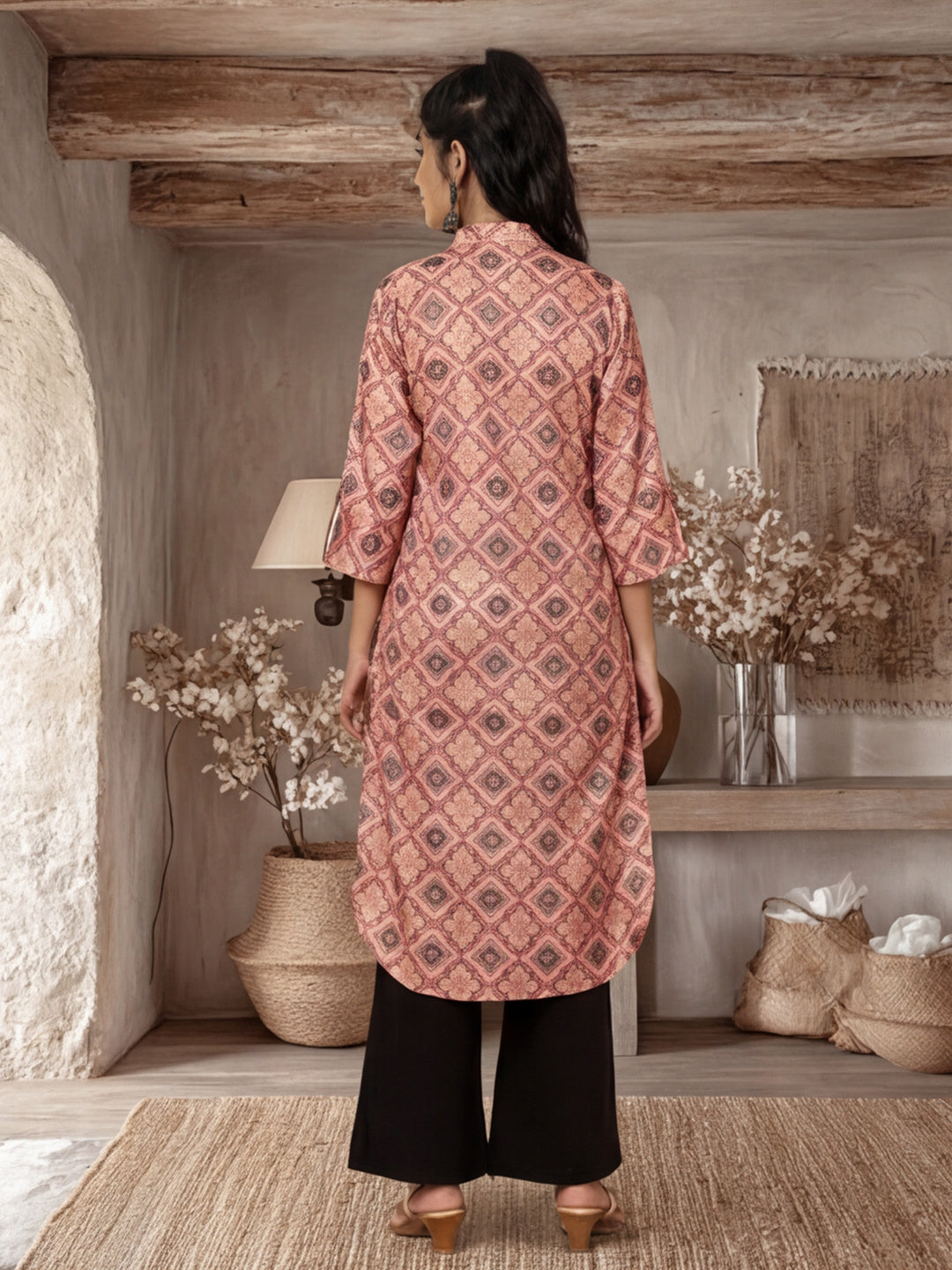 Peach Ethnic Motif Straight Kurta