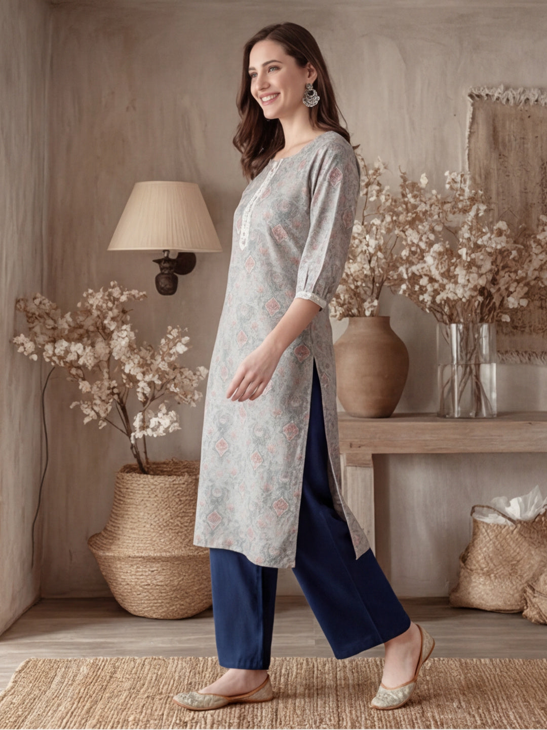 Grey Mirror Work Printed Straight Kurta