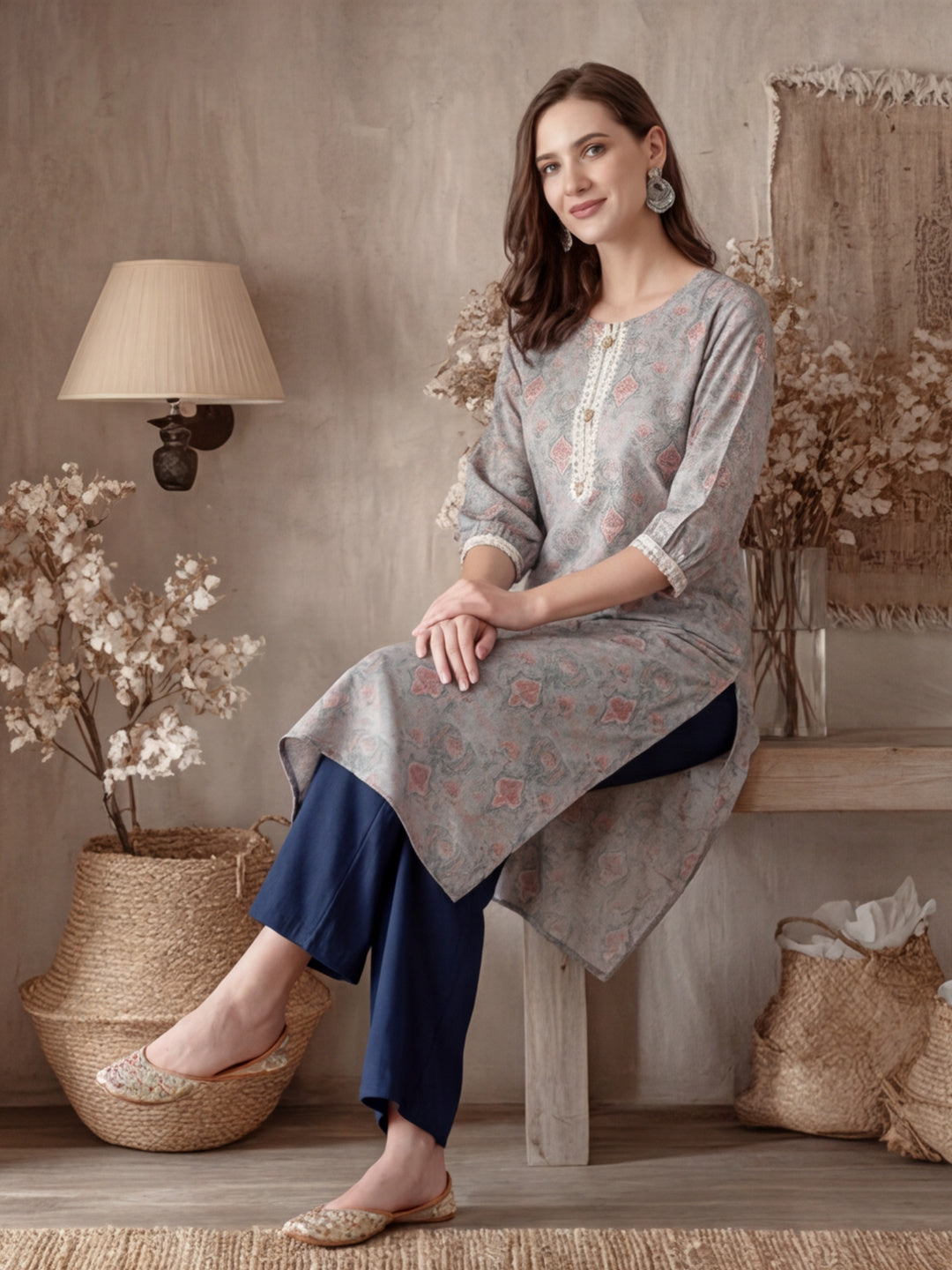 Grey Mirror Work Printed Straight Kurta