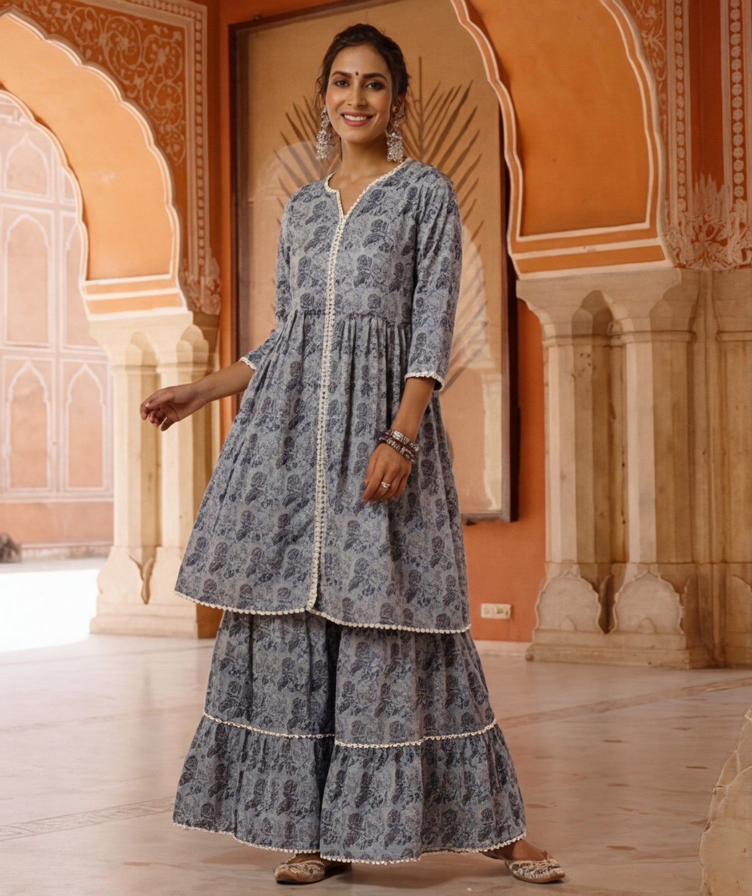 Blue Floral Print Flared Kurta With Sharara