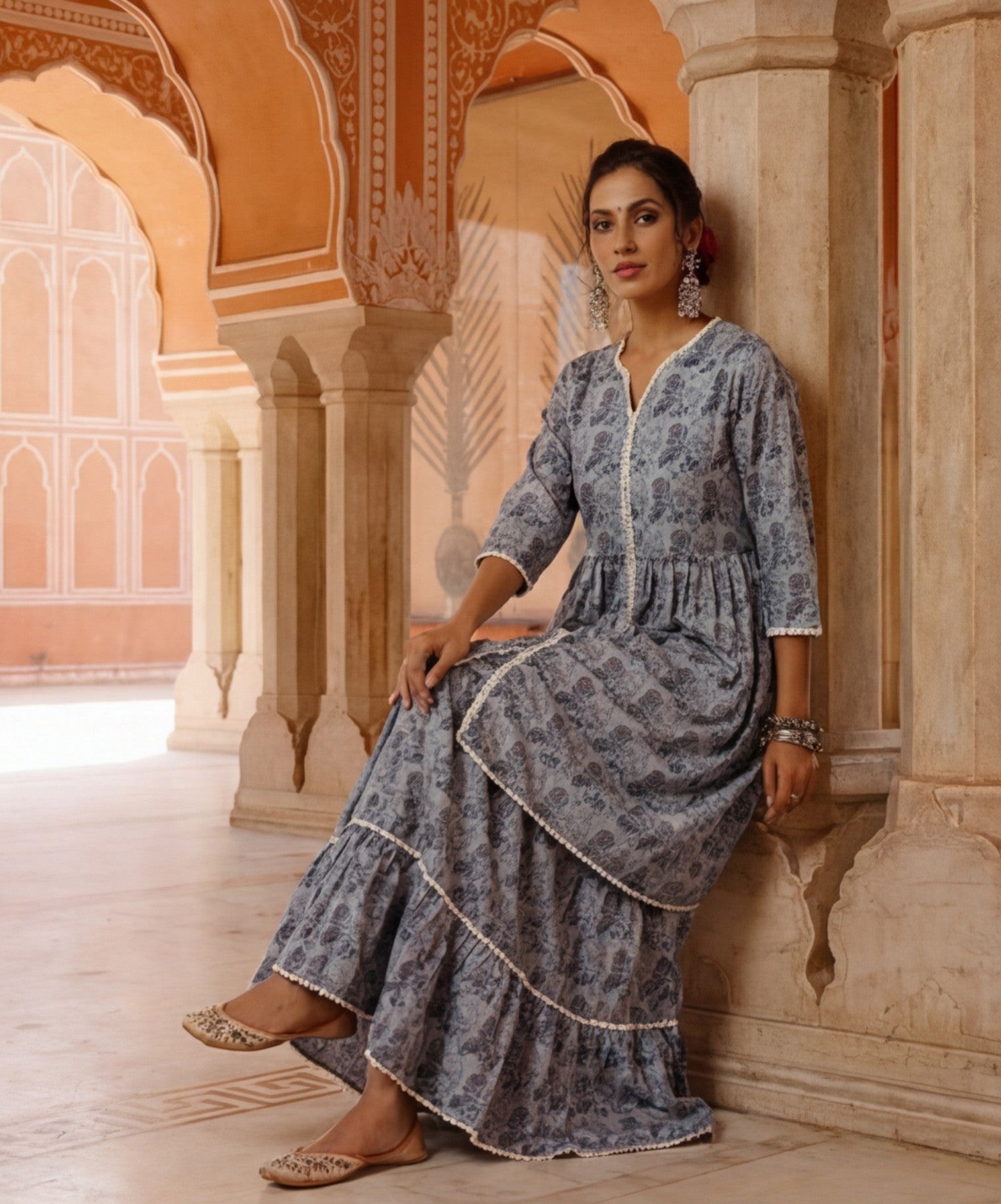 Blue Floral Print Flared Kurta With Sharara