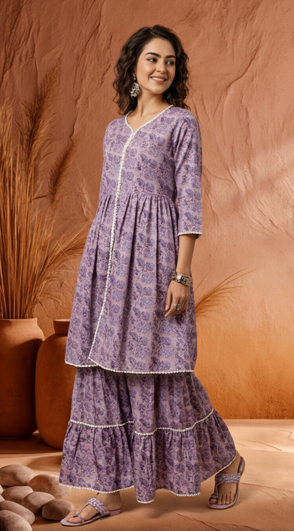 Lavender Floral Print Flared Kurta With Sharara