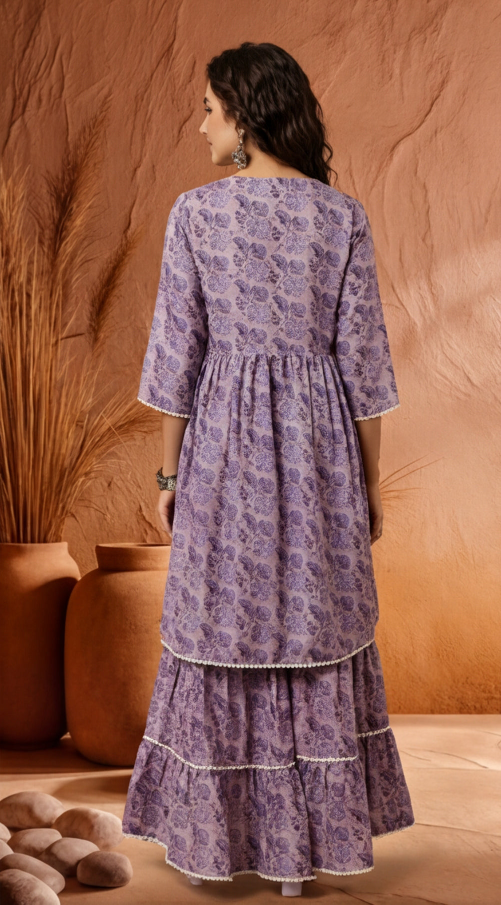 Lavender Floral Print Flared Kurta With Sharara