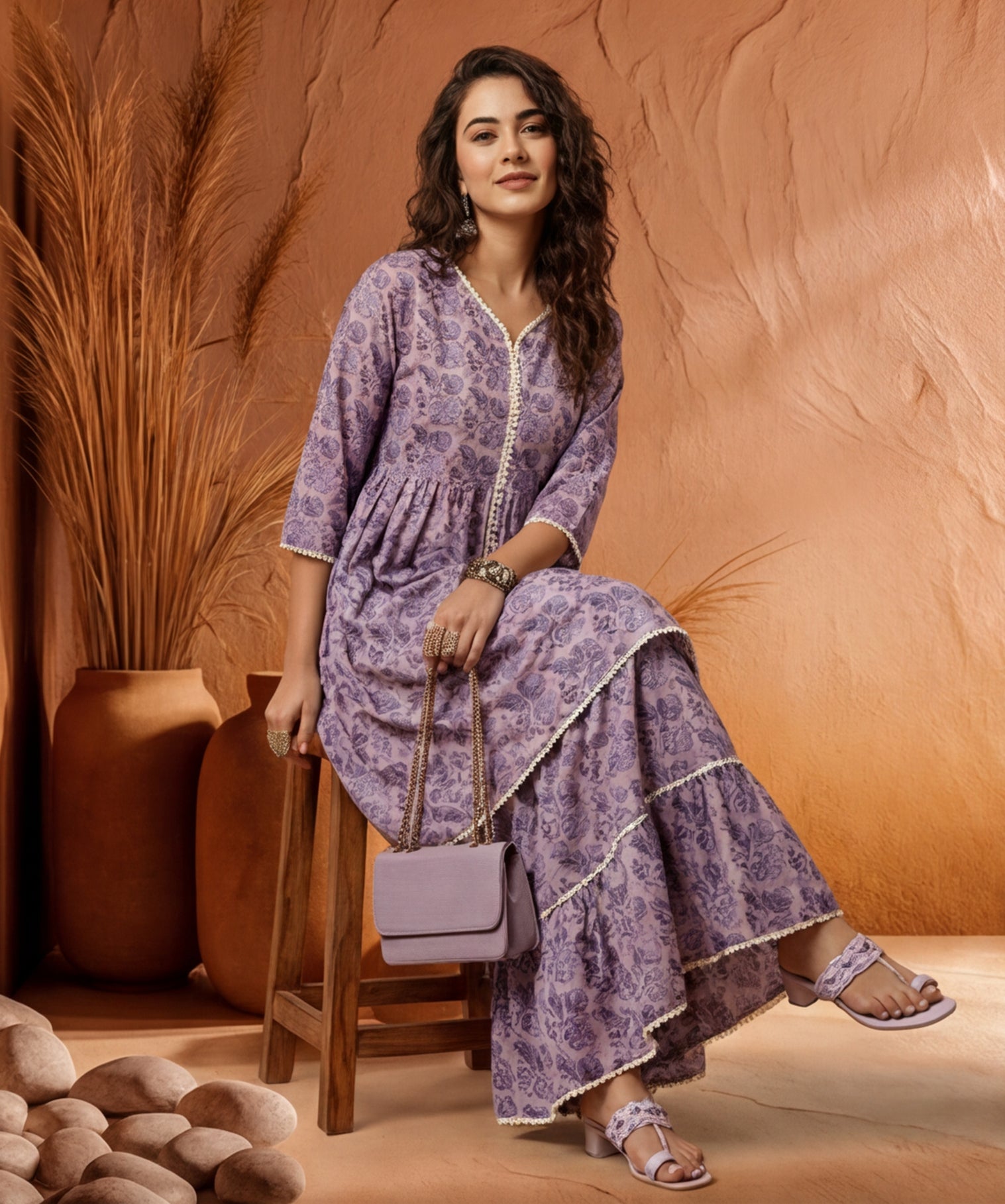 Lavender Floral Print Flared Kurta With Sharara