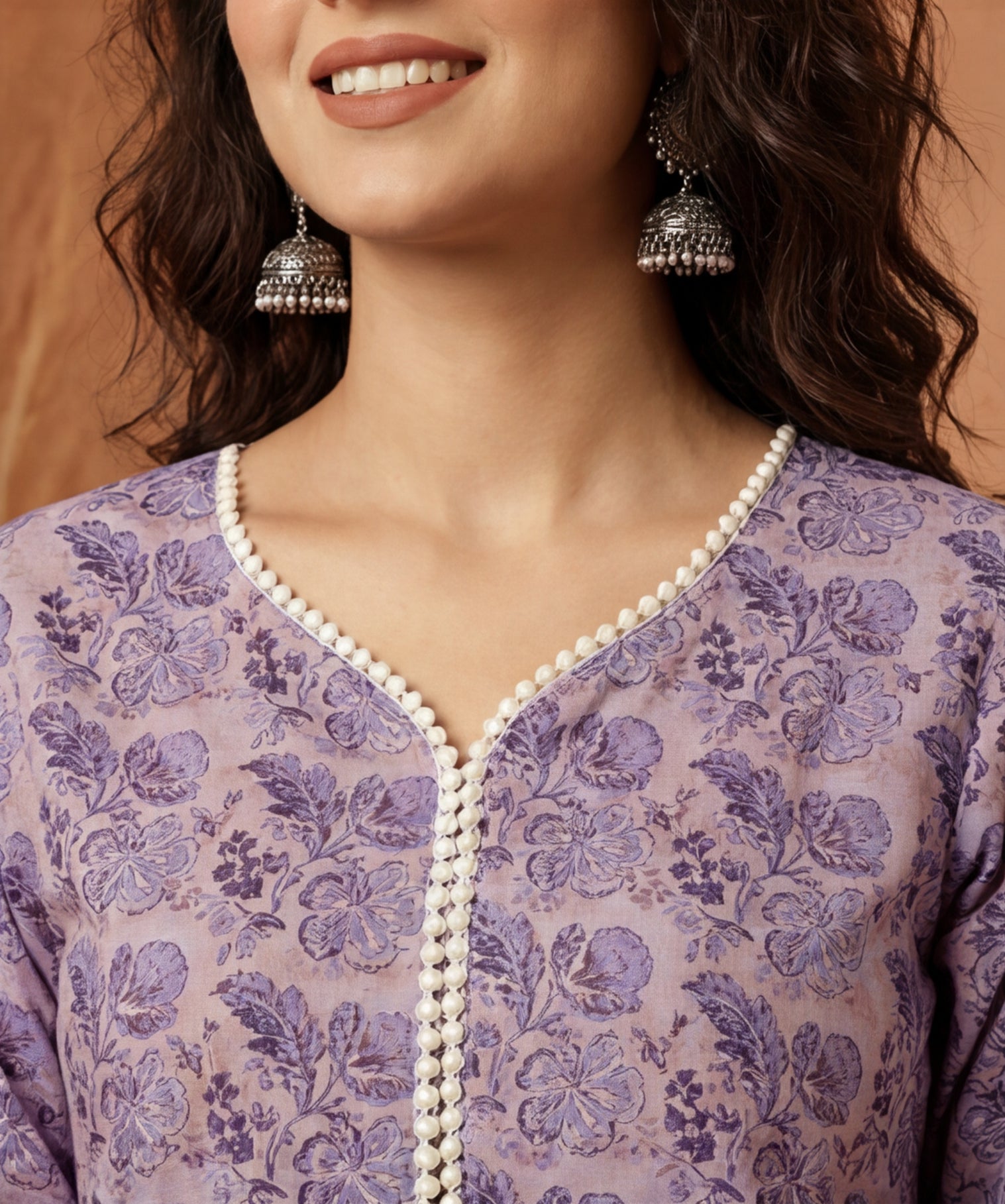 Lavender Floral Print Flared Kurta With Sharara
