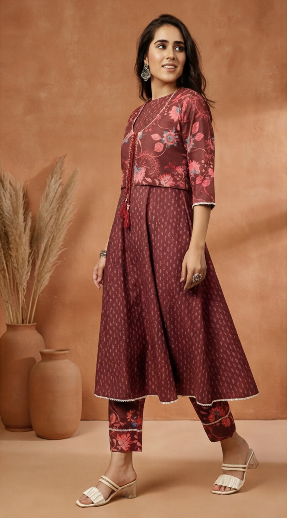 Brown Ethnic Print Flared Kurta With Shrug And Pants