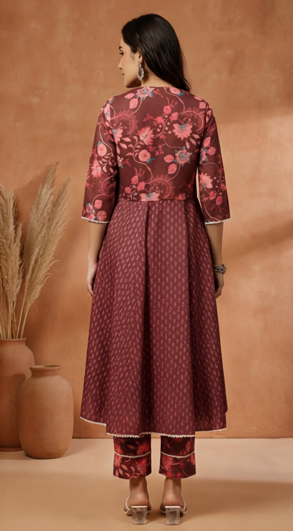 Brown Ethnic Print Flared Kurta With Shrug And Pants