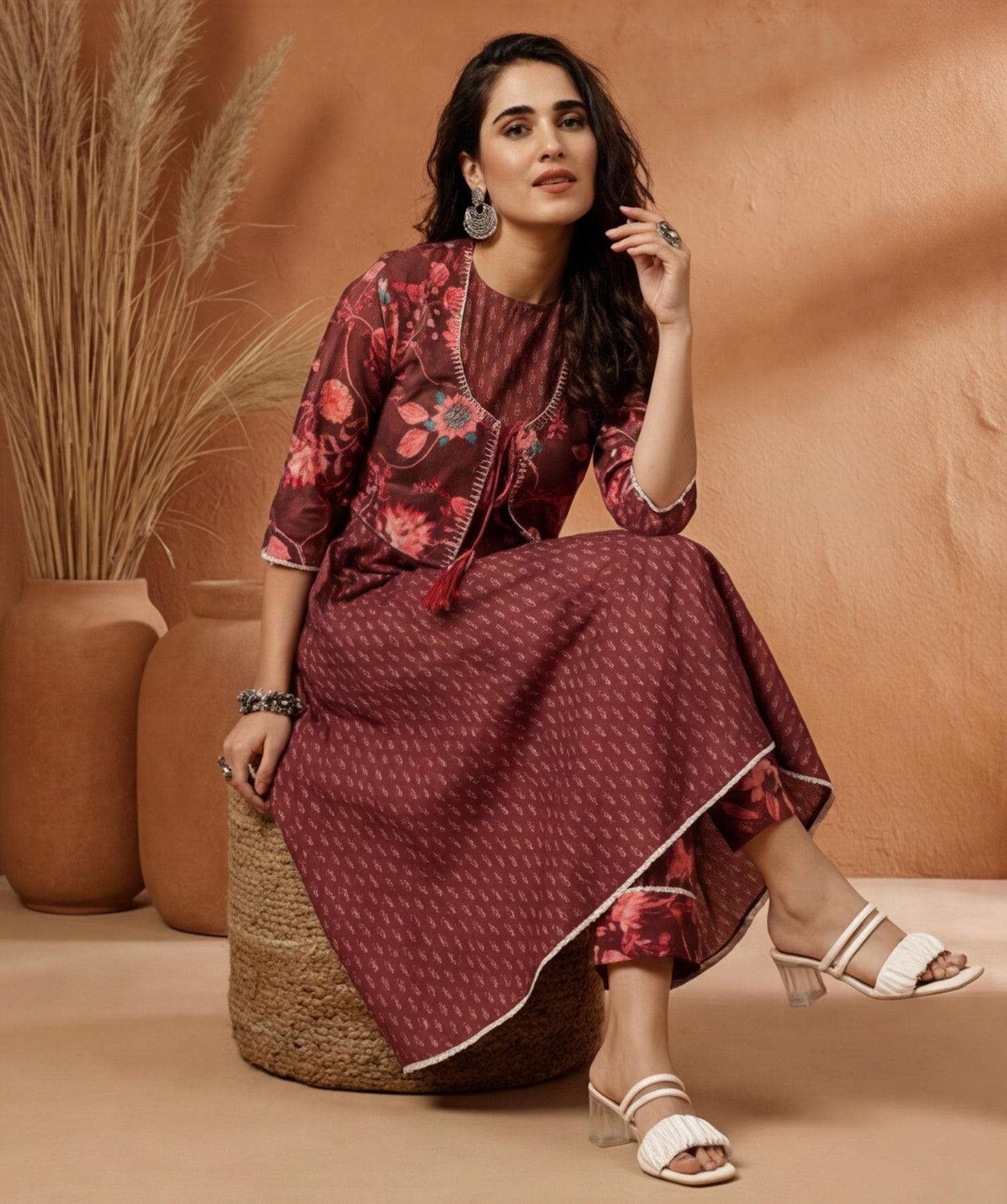 Brown Ethnic Print Flared Kurta With Shrug And Pants