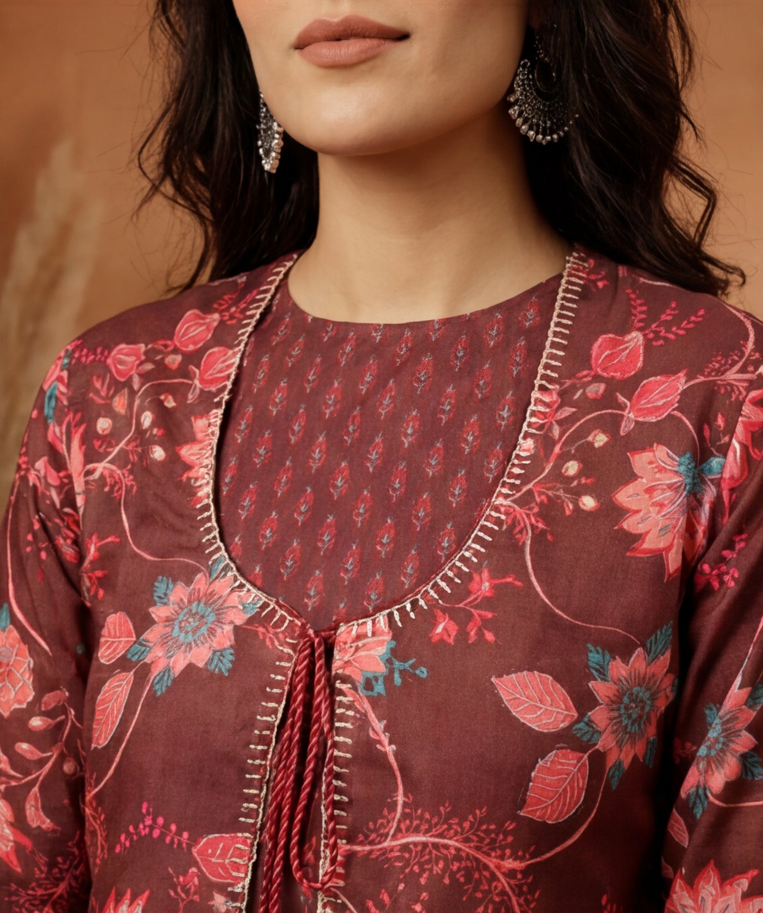 Brown Ethnic Print Flared Kurta With Shrug And Pants