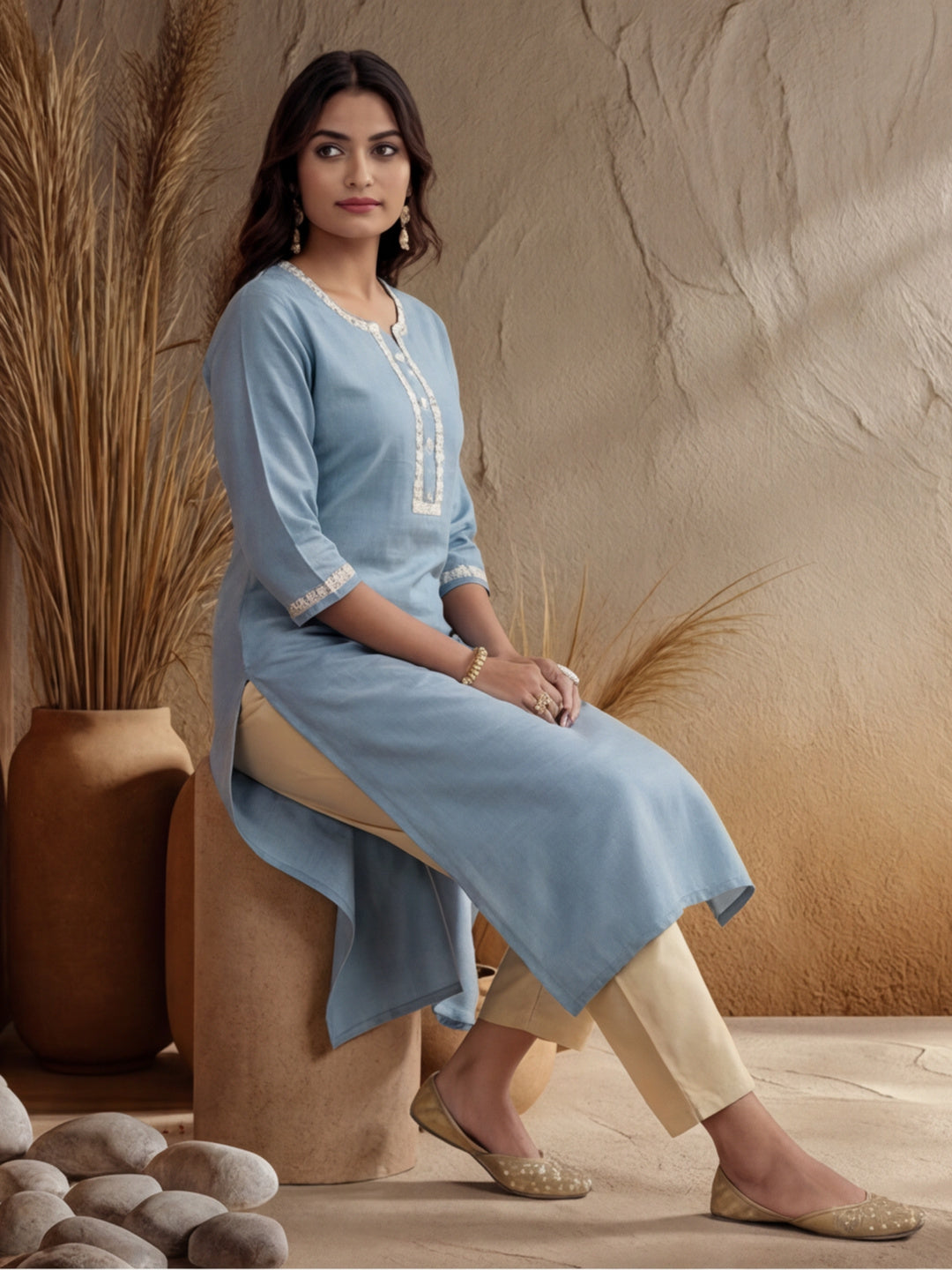 Self Woven Dori Embroidered Kurta Set