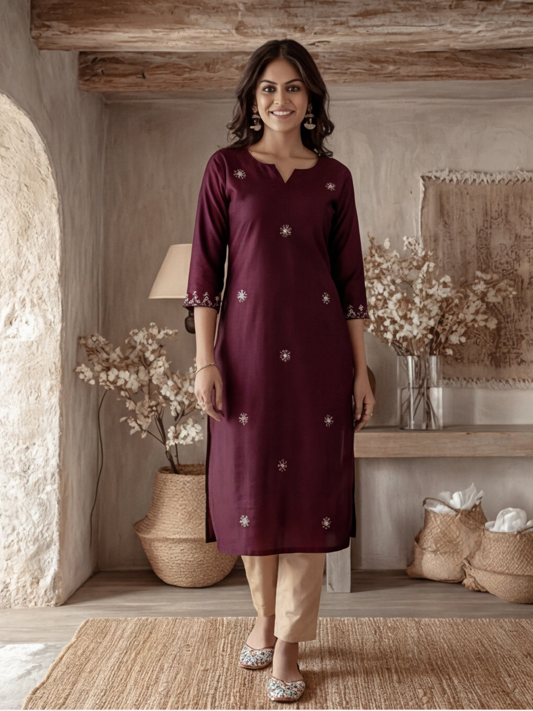 Self Woven Embroidered Straight Kurta