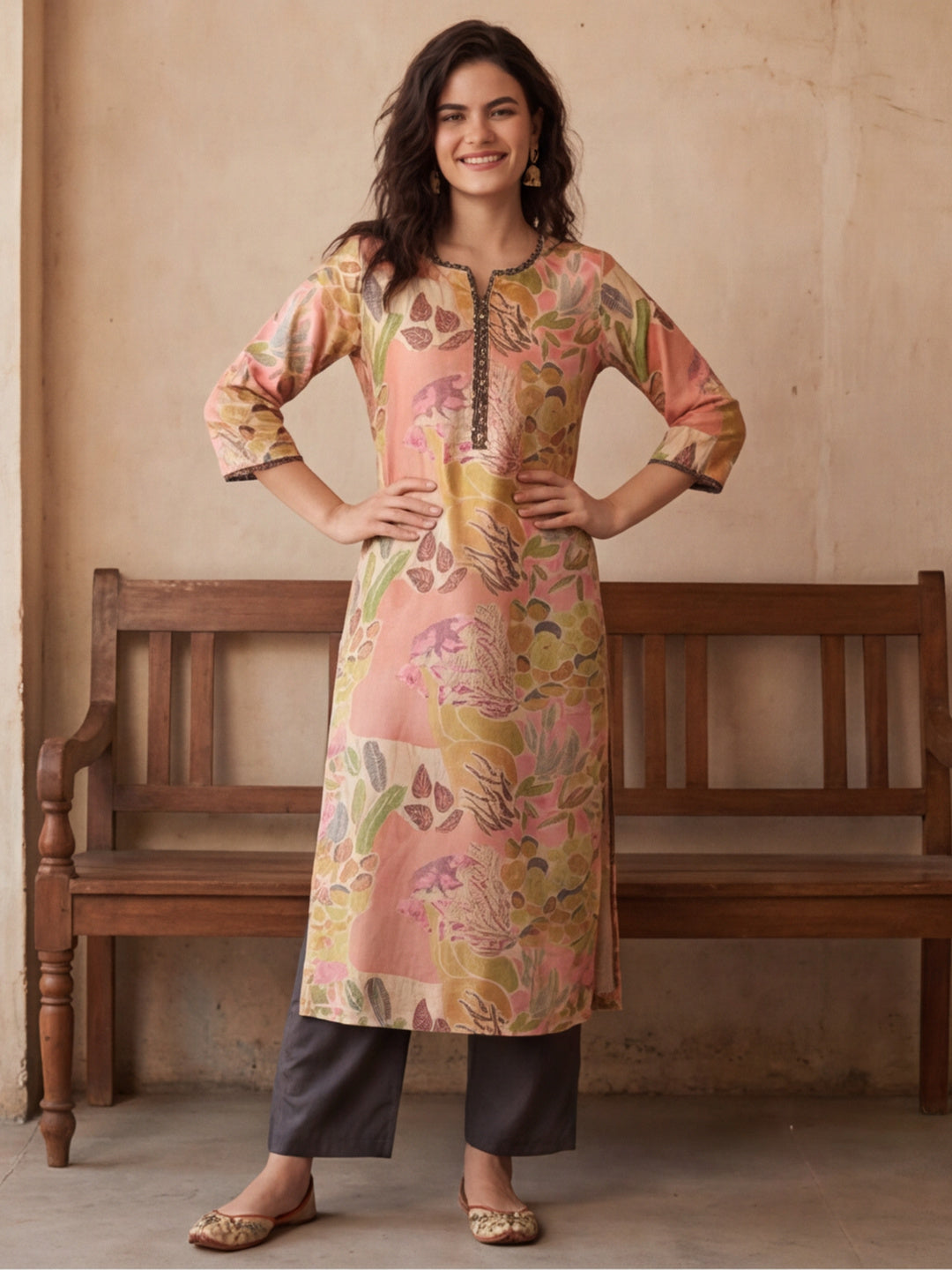 Botanical Printed Embroidered Straight Kurta