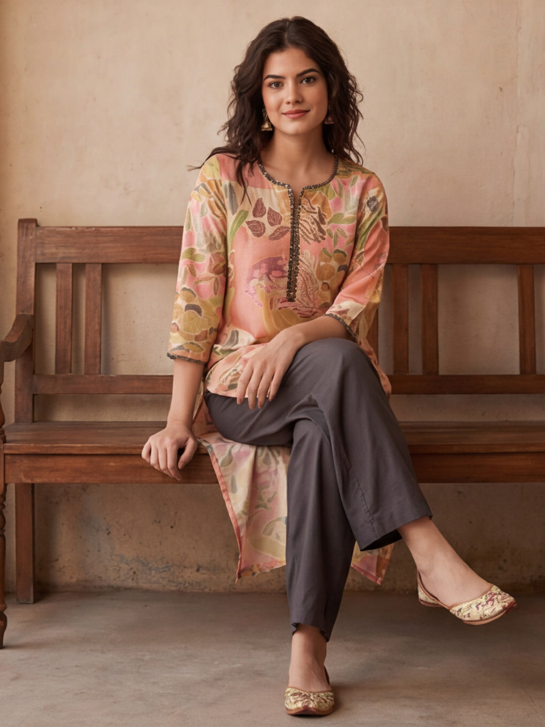 Botanical Printed Embroidered Straight Kurta