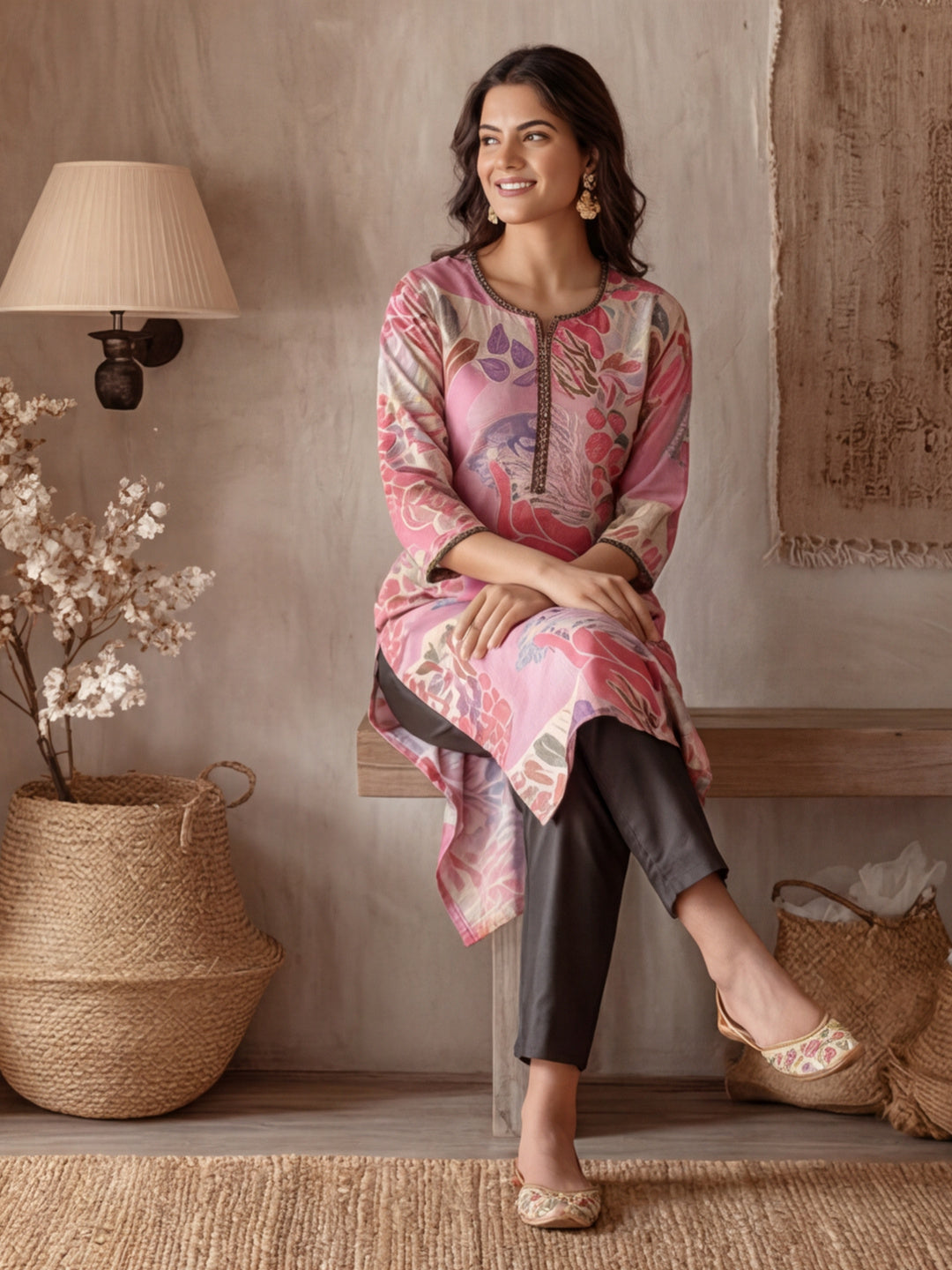 Botanical Printed Embroidered Straight Kurta