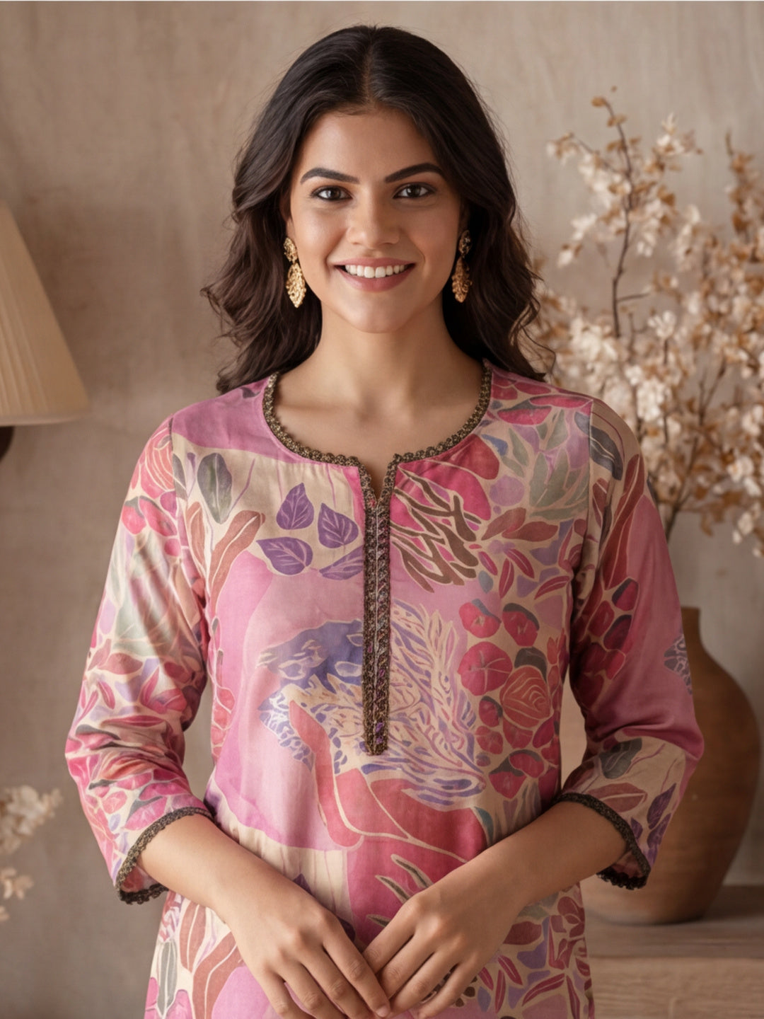 Botanical Printed Embroidered Straight Kurta