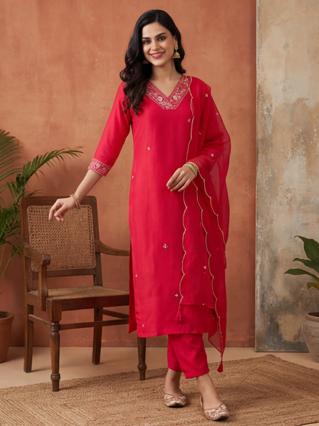 Floral Embroidered Straight Kurta & Trousers Sets