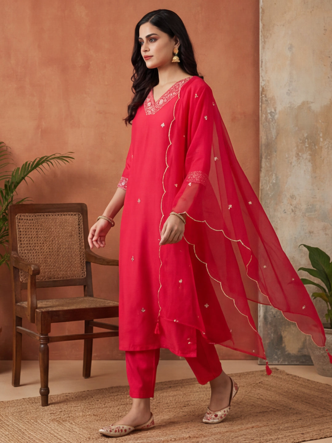 Floral Embroidered Straight Kurta & Trousers Sets