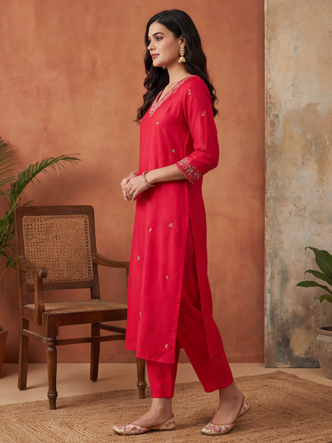Floral Embroidered Straight Kurta & Trousers Sets