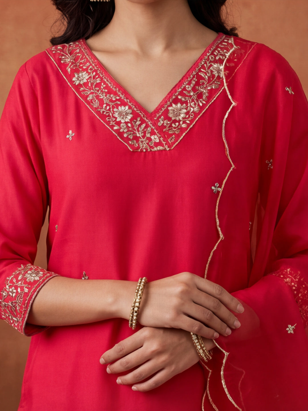 Floral Embroidered Straight Kurta & Trousers Sets