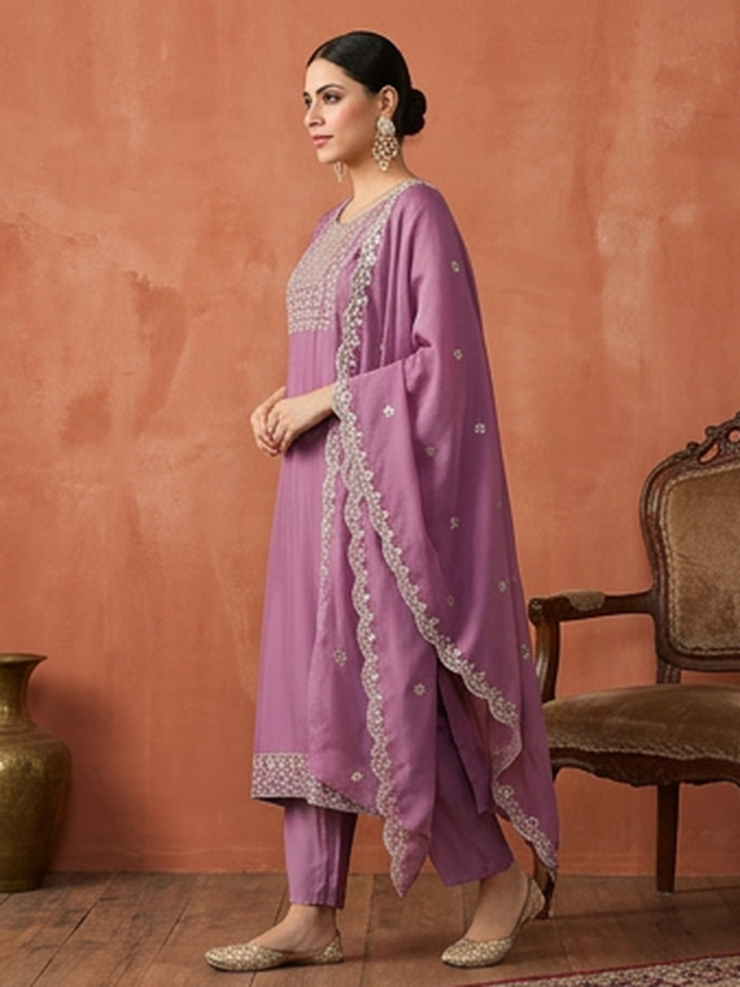 Solid Embroidered Straight Kurta & Trousers Sets