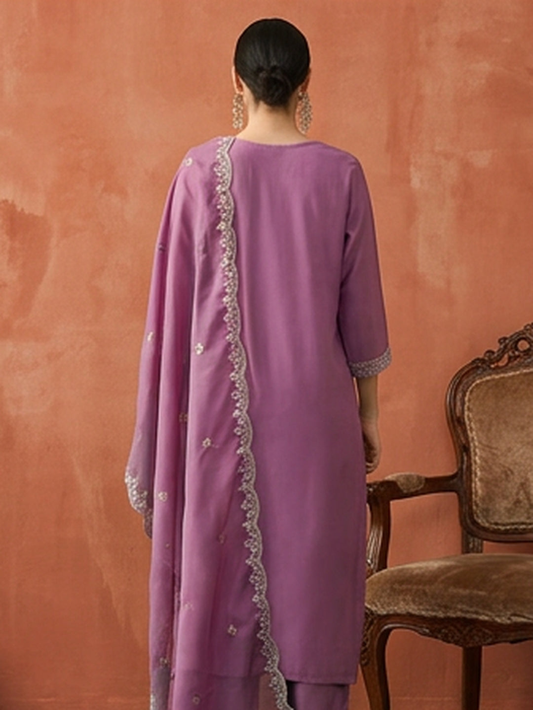 Solid Embroidered Straight Kurta & Trousers Sets