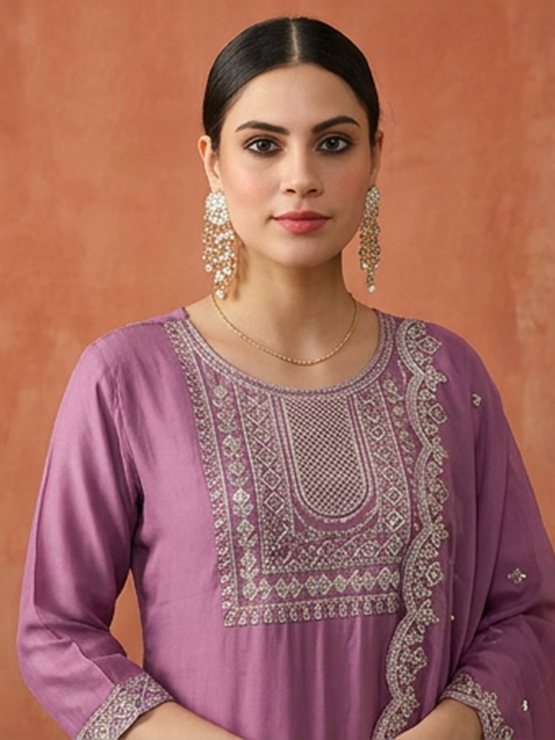 Solid Embroidered Straight Kurta & Trousers Sets