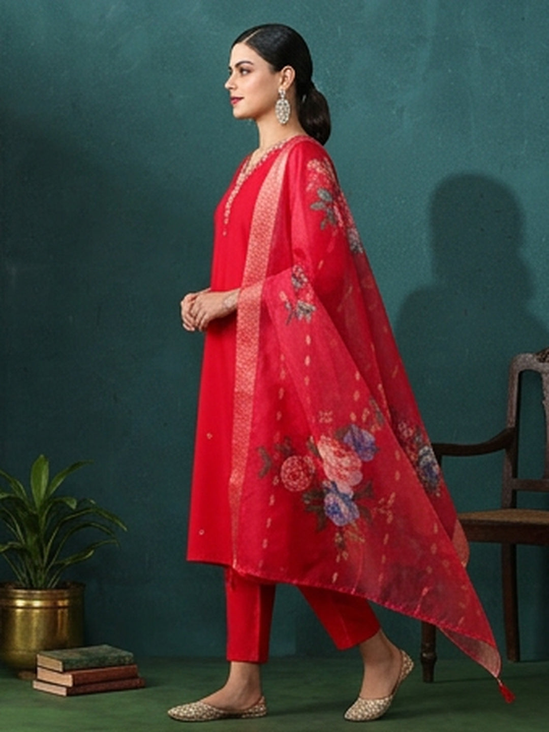 Solid Embroidered Straight Kurta & Trousers Sets
