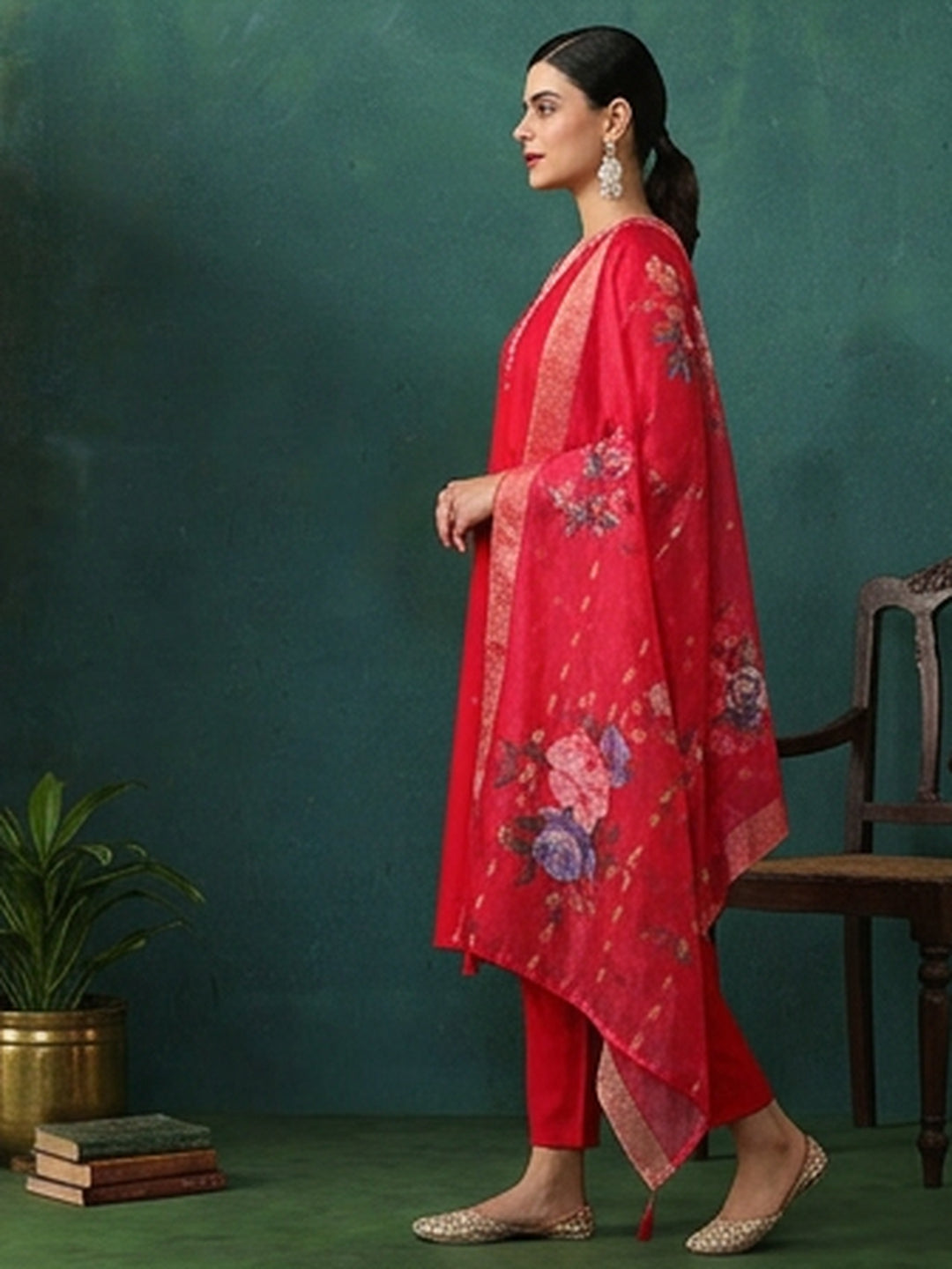 Solid Embroidered Straight Kurta & Trousers Sets
