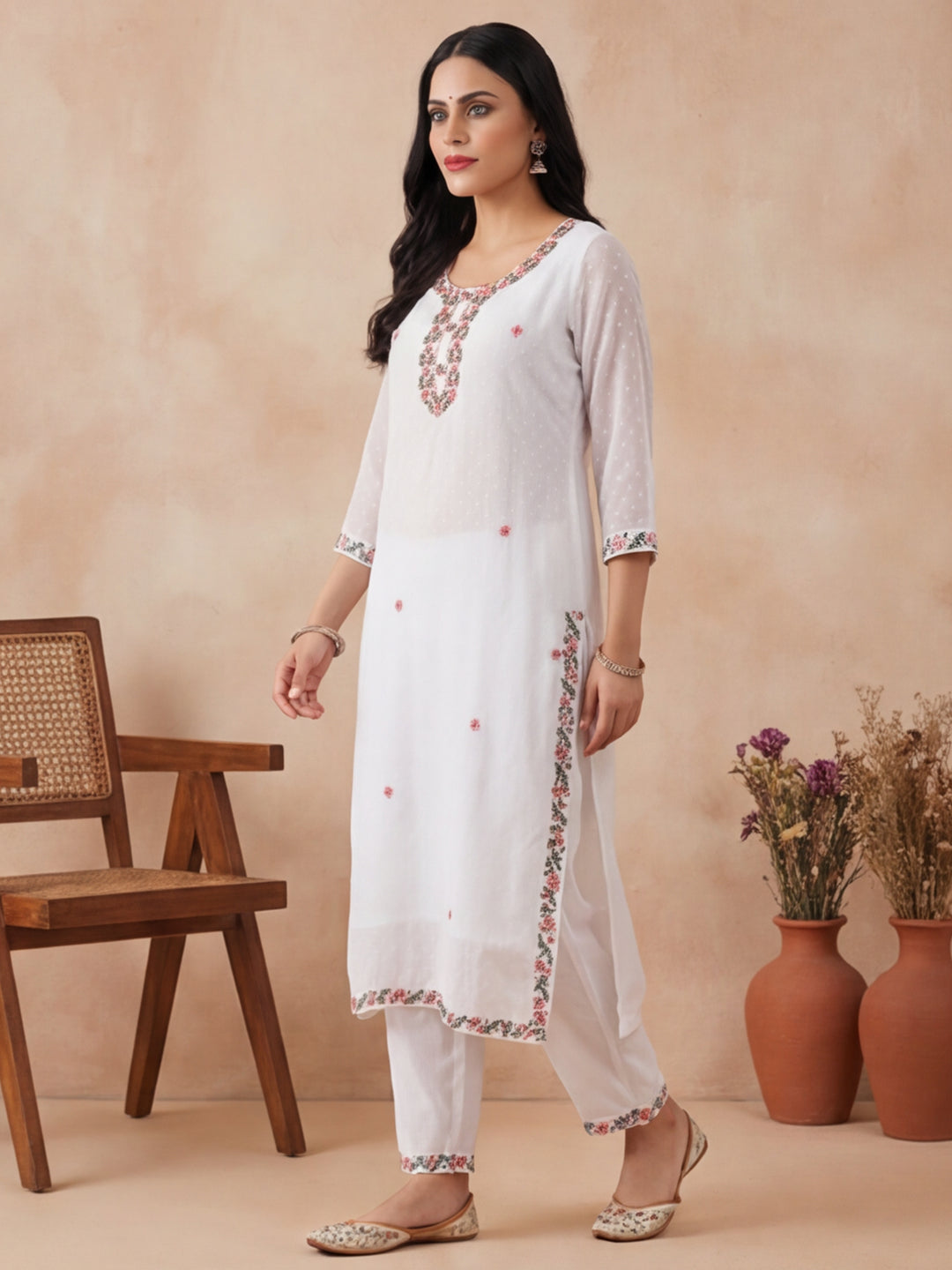 Solid Embroidered Straight Kurta & Trousers Sets