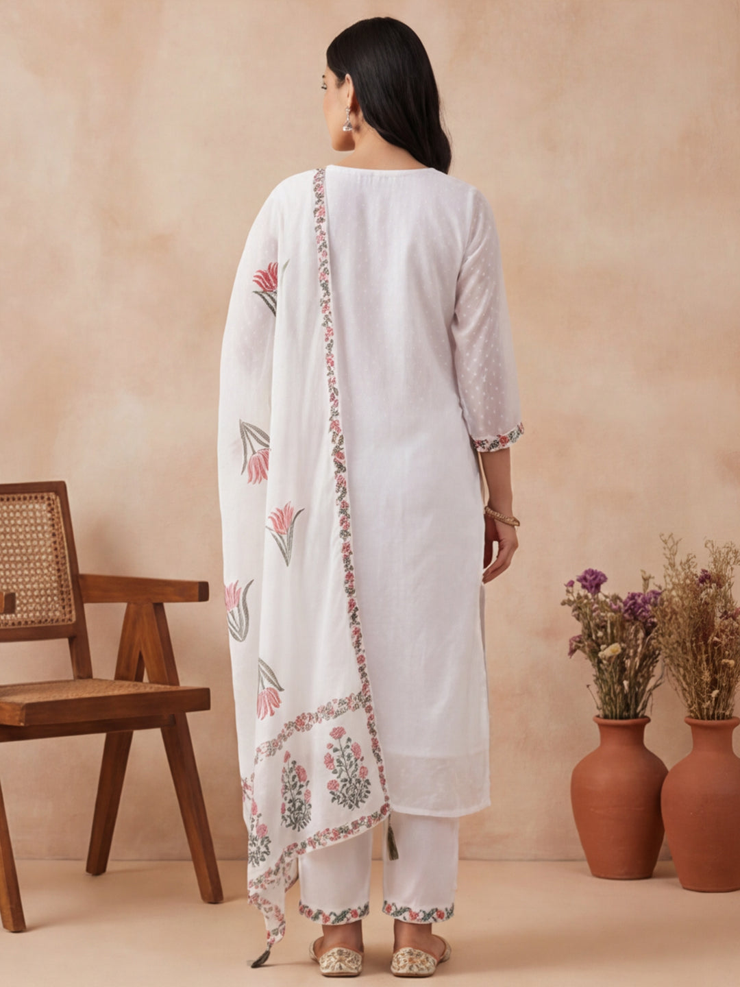 Solid Embroidered Straight Kurta & Trousers Sets