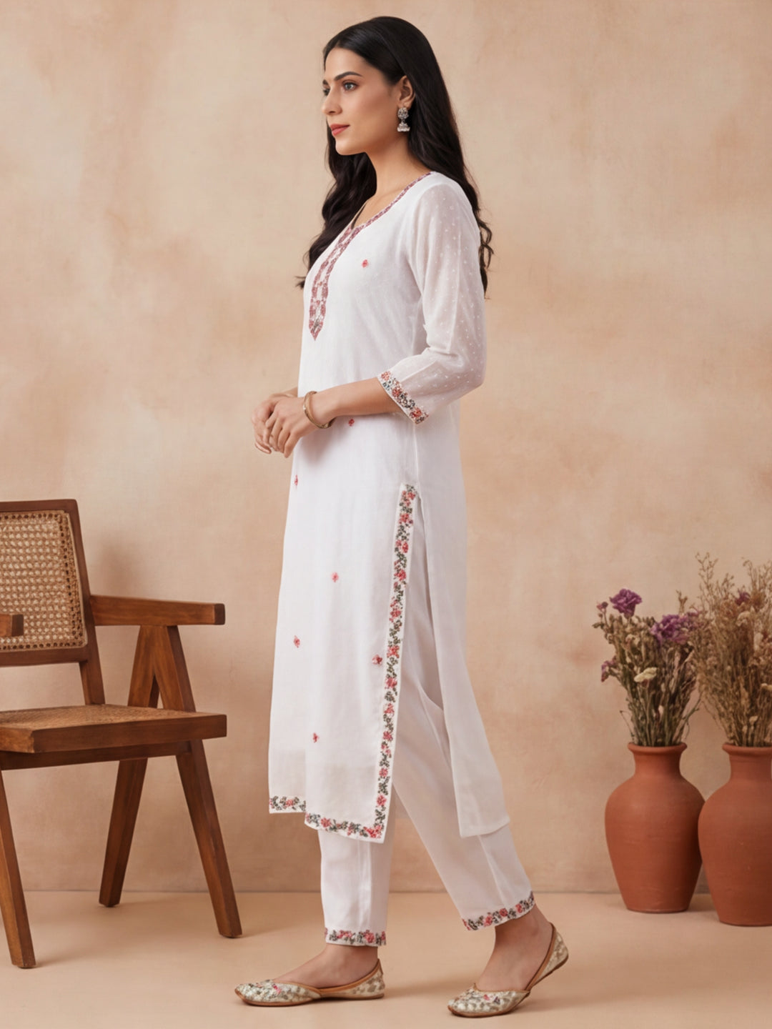Solid Embroidered Straight Kurta & Trousers Sets