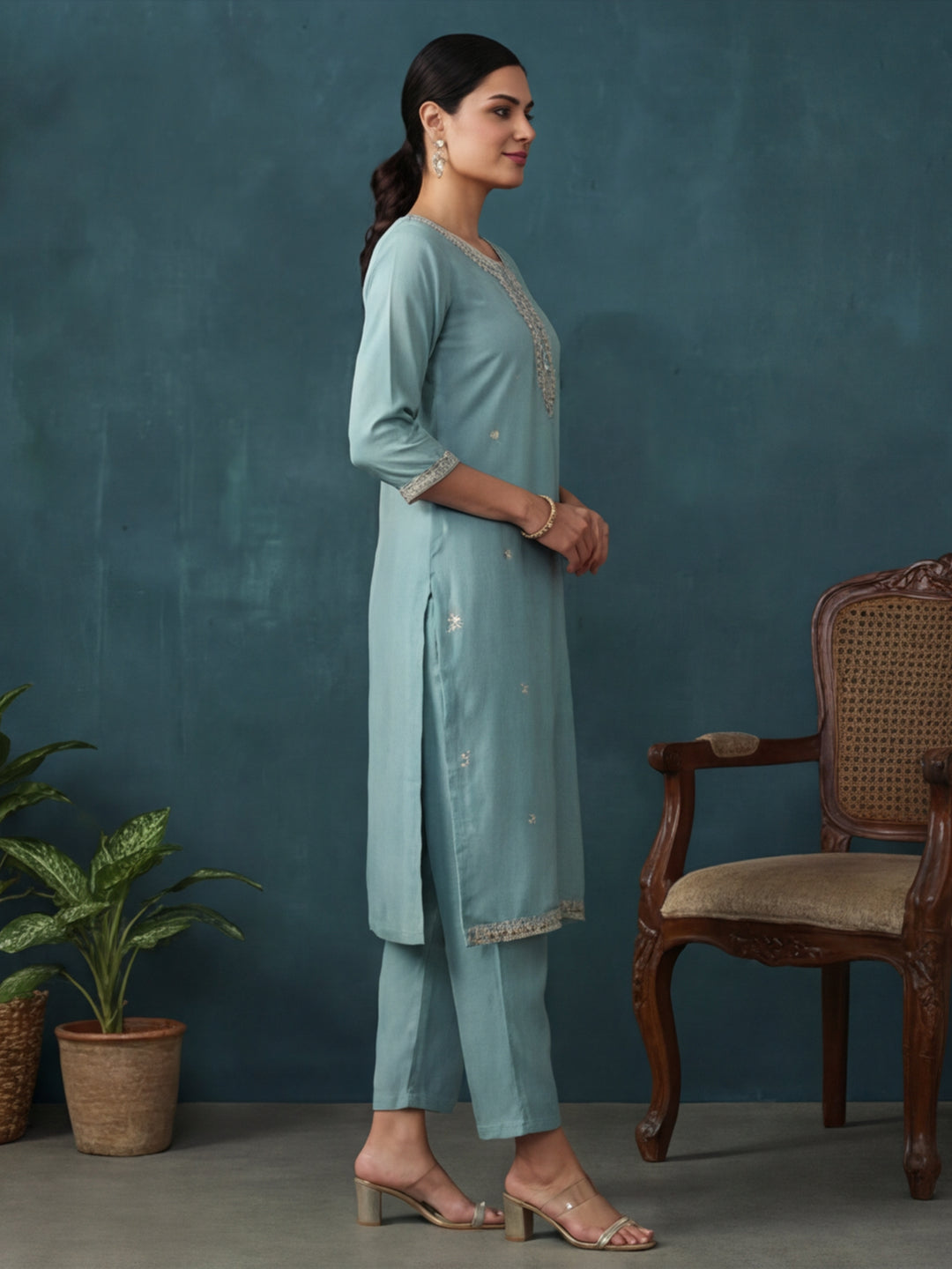 Floral Embroidered Straight Kurta & Trousers Sets