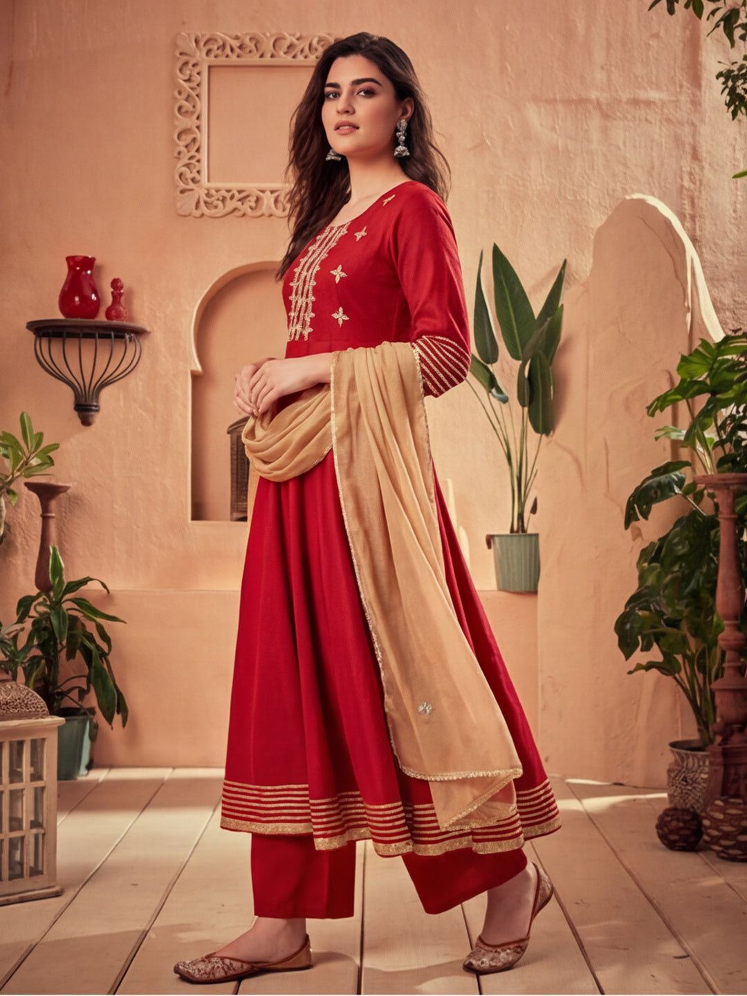 Maroon Embroidered Anarkali Kurta With Pants and Embroidered Dupatta