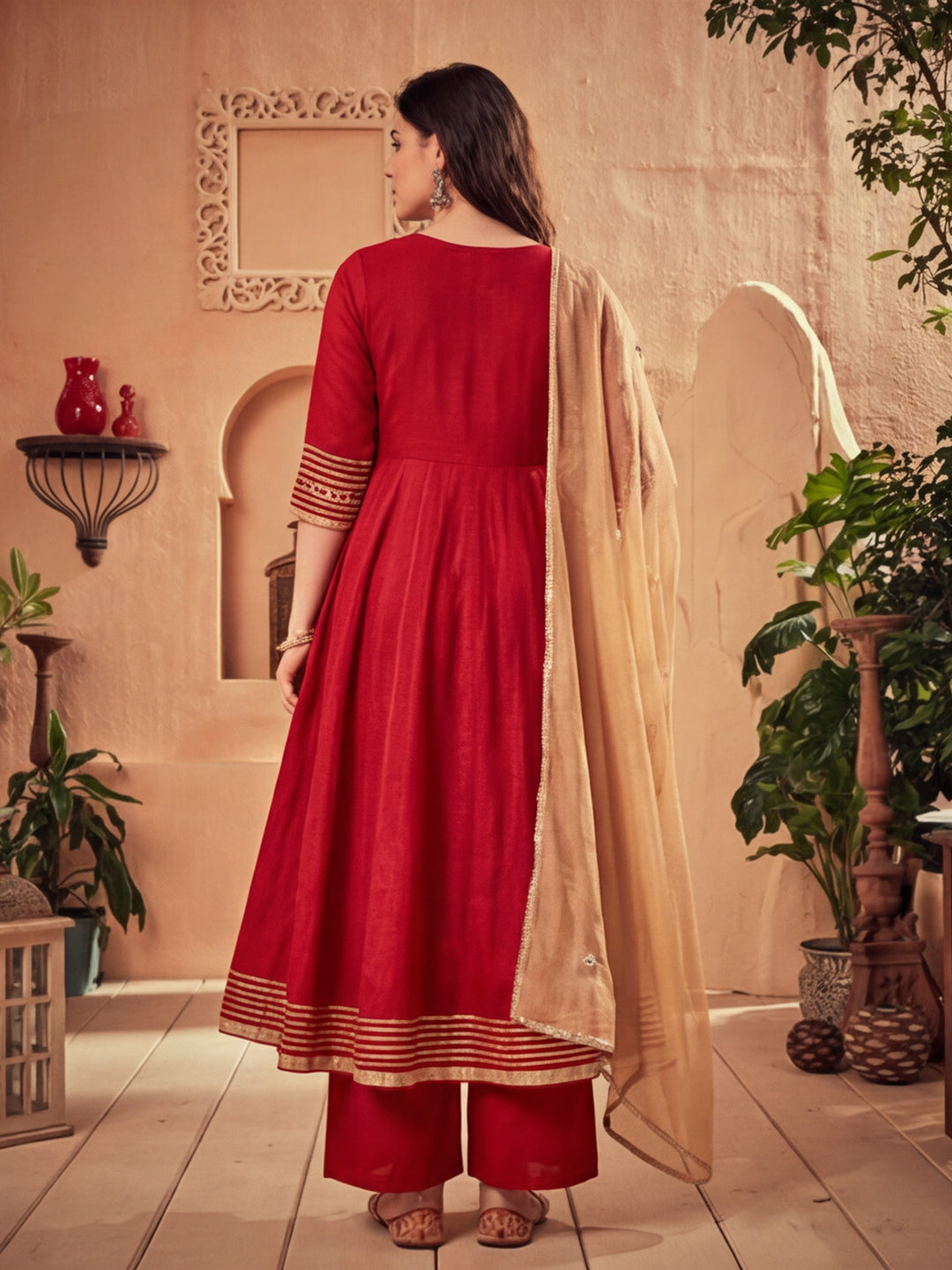 Maroon Embroidered Anarkali Kurta With Pants and Embroidered Dupatta
