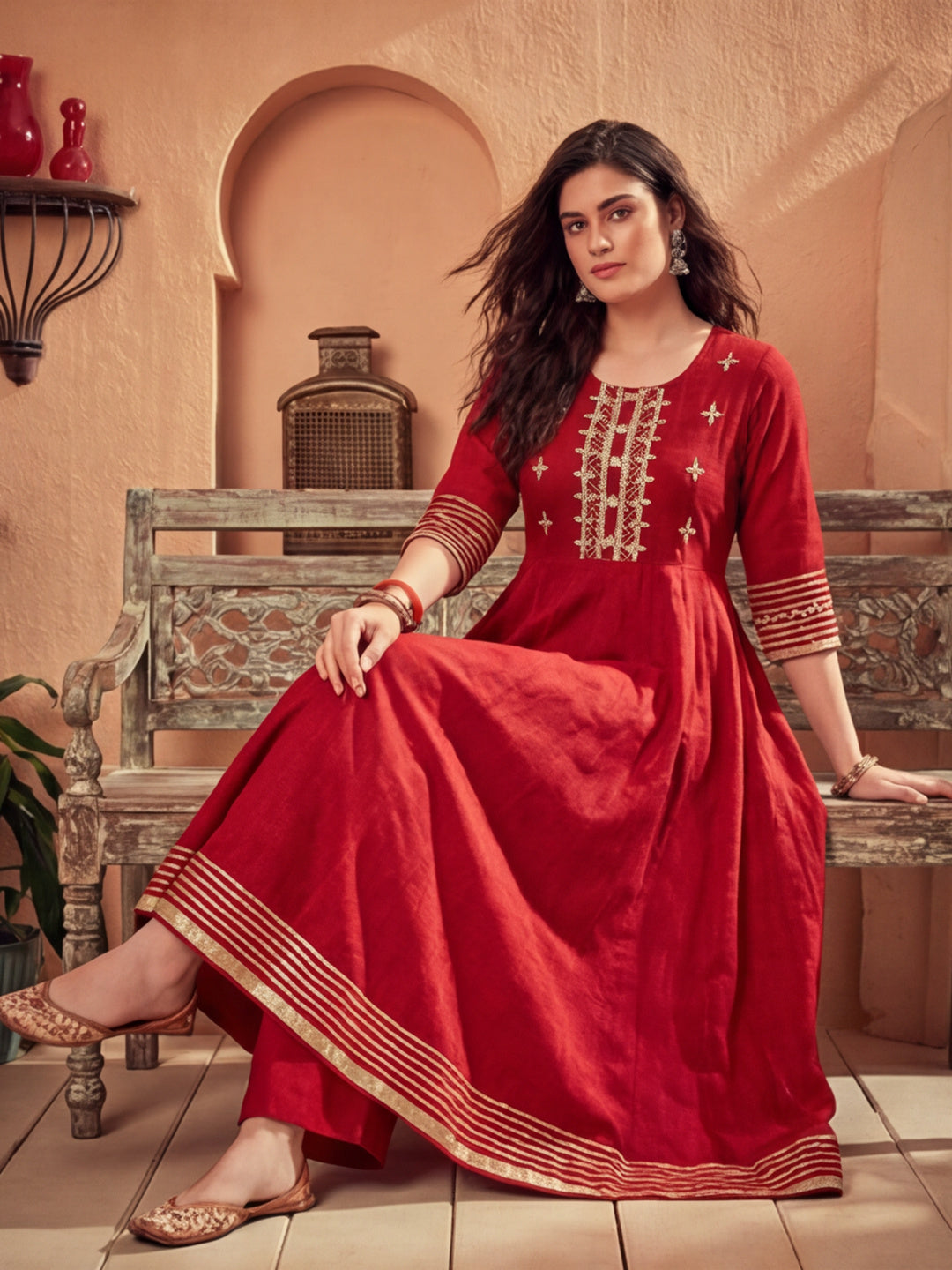 Maroon Embroidered Anarkali Kurta With Pants and Embroidered Dupatta