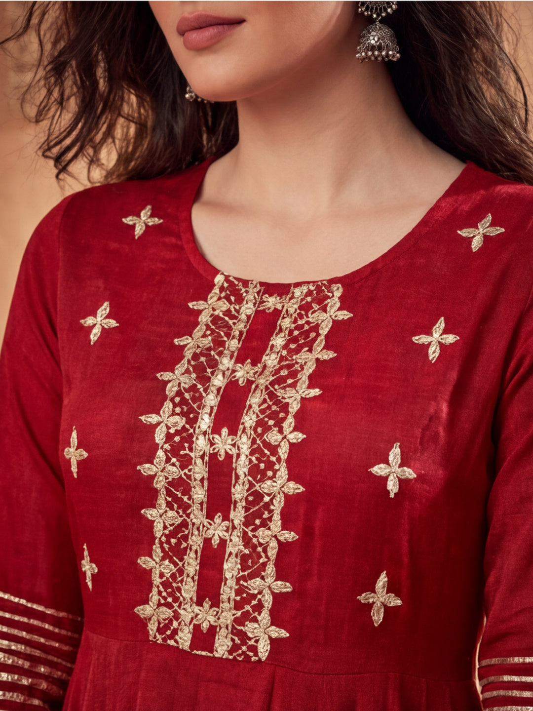 Maroon Embroidered Anarkali Kurta With Pants and Embroidered Dupatta