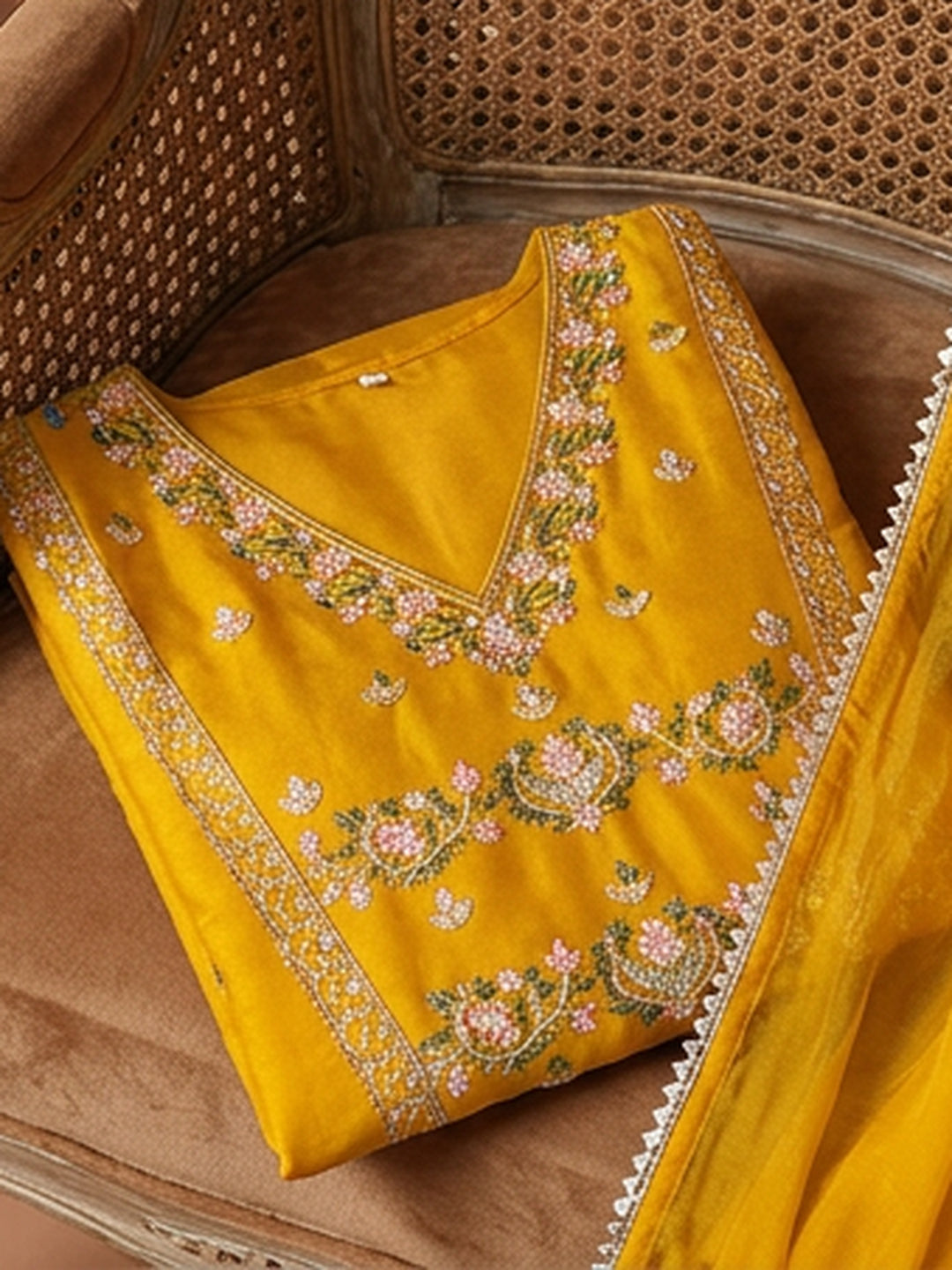 Floral Embroidered Straight Kurta & Trousers Sets